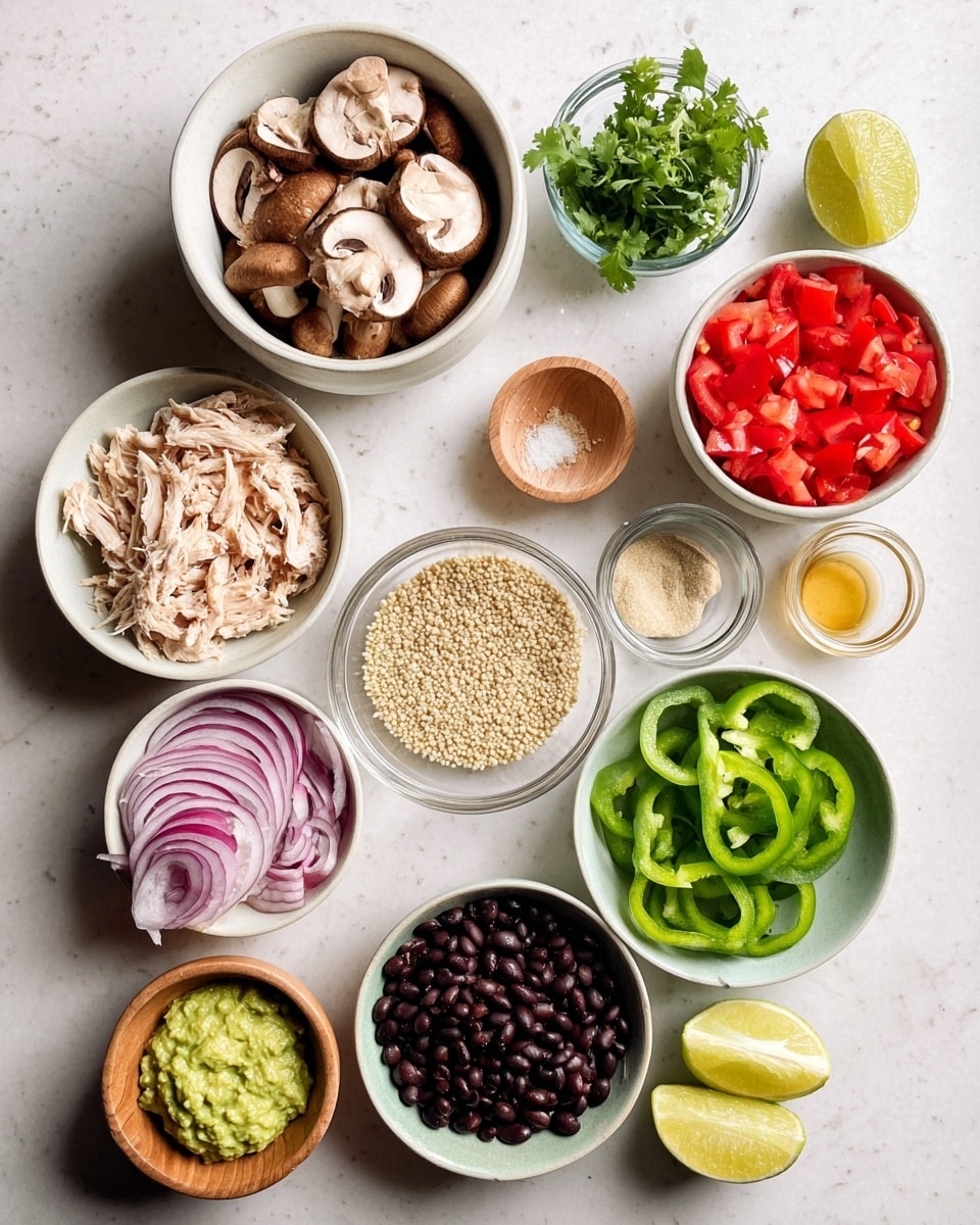 The image shows a collection of bowls on a white marbled surface, each with different ingredients. There is a white bowl filled with sliced brown mushrooms at the top, and next to it on the right, a white bowl with chopped red tomatoes. Below the tomatoes is a small pile of fresh green cilantro leaves. On the right side, a white bowl holds sliced green bell peppers. In the middle is a white bowl filled with uncooked quinoa grains, surrounded by a small glass bowl with minced garlic, a wooden bowl with a light brown powder, and a small glass of water. On the left side, a white bowl contains shredded cooked chicken, and underneath it, there is a white bowl with thinly sliced red onions and a wooden bowl filled with black beans. At the bottom left corner, a white bowl has a green mashed avocado mixture. In the top right corner, a white bowl replaced to a green one holds lime wedges and a lemon wedge. Two halves of lime rest on the surface near the center. photo taken with an iphone --ar 4:5 --v 7