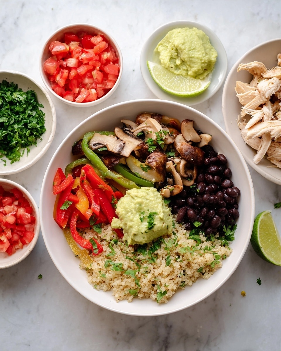 A white bowl holds a colorful dish with five main layers arranged side by side. At the bottom left is light beige quinoa sprinkled with small green herb pieces. Next to it on the left edge are thinly sliced cooked mushrooms mixed with strips of green and red bell peppers, topped with a lime wedge. In the center, there are light tan shredded pieces of cooked chicken, topped with a dollop of bright green guacamole and garnished with fresh green cilantro leaves. On the right side, there are small black beans with a sprig of cilantro, next to bright red diced tomatoes. The bowl sits on a beige cloth over a white marbled surface. Photo taken with an iphone --ar 4:5 --v 7