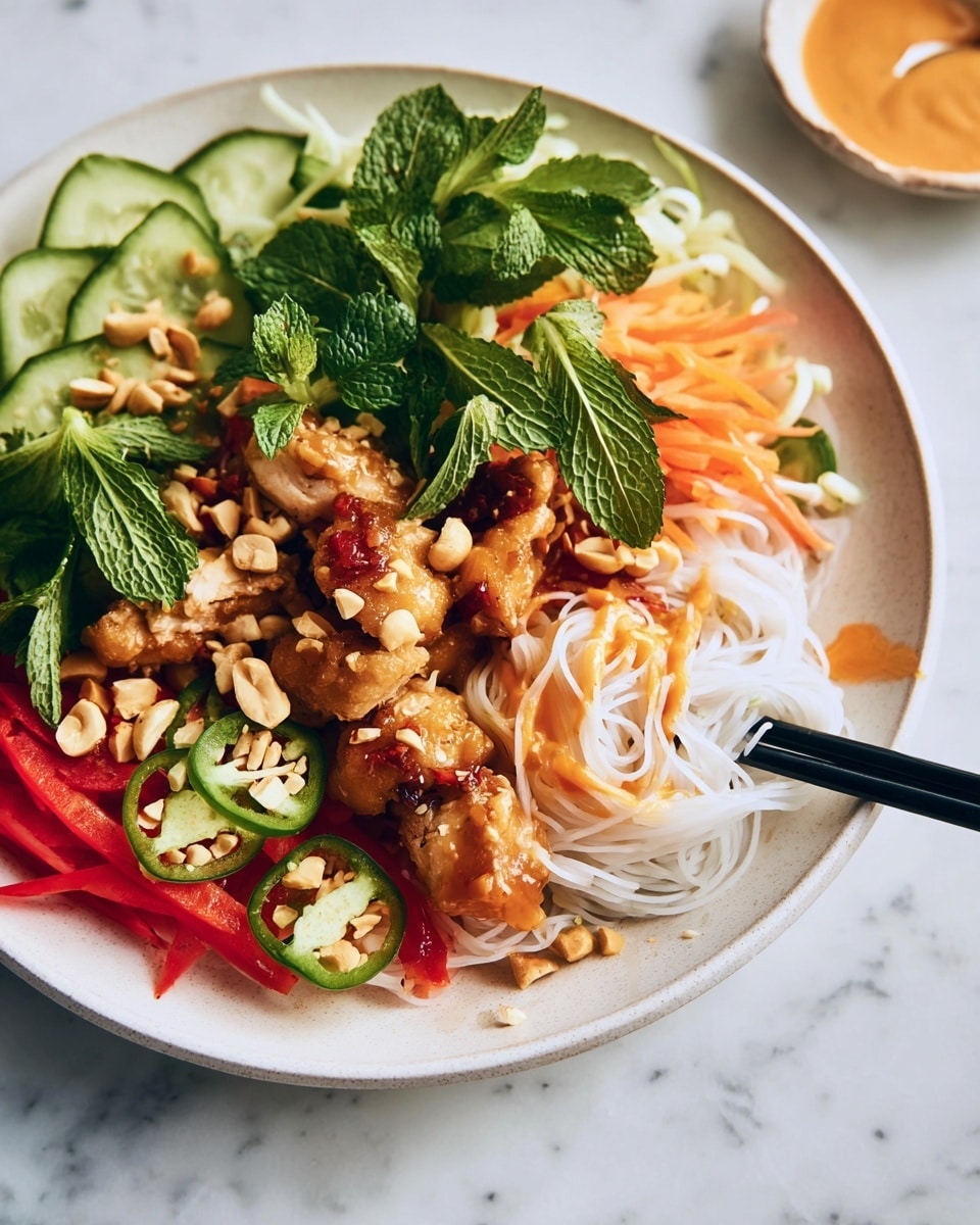 The dish is served in a white bowl on a white marbled surface, with layers arranged neatly. The bottom layer is thin white rice noodles forming a soft bed. On top of the noodles, there are pieces of golden-brown cooked chicken with a shiny glaze. Around the chicken, there are thin ribbons of bright orange carrots and red bell peppers standing upright. To one side, there are pale green cucumber ribbons with a wet, fresh look. Bean sprouts with white stems and yellow tips are scattered on top. The dish is decorated with fresh dark green mint and cilantro leaves and round slices of green jalapeño peppers in the center. Roasted light brown peanuts are sprinkled across for texture. A creamy light orange sauce is drizzled over everything, adding a rich touch. photo taken with an iphone --ar 4:5 --v 7