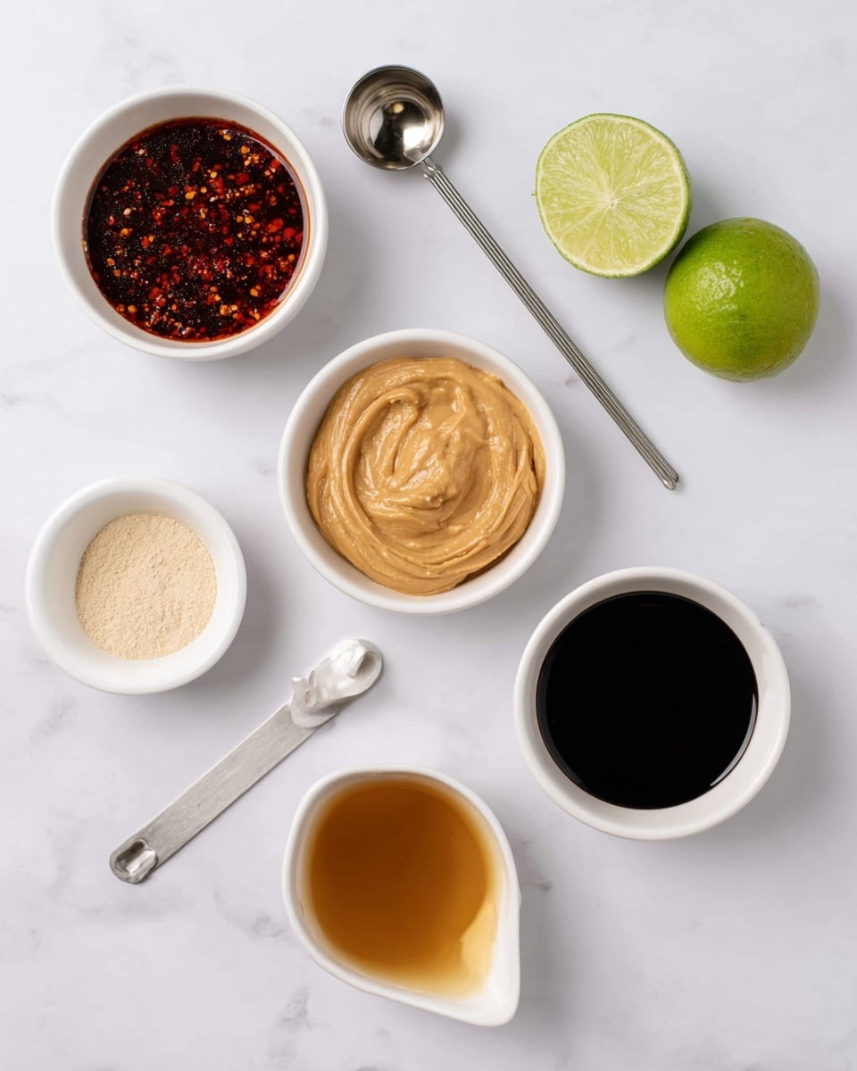 The image shows six small white bowls and two metal measuring spoons arranged on a white marbled surface. Starting from the top left, the first bowl has a chunky dark red sauce with visible chili seeds. To its right, there are two halves of a bright green lime. A metal measuring spoon with a long handle and empty cup sits nearby. Below the lime, the next bowl contains a thick, creamy light brown paste with a slightly rough texture. To the right, another bowl is filled with a smooth, dark black liquid that almost looks like soy sauce. Towards the bottom, a bowl holds a clear light brown liquid, presented in a small white bowl with a spout. Last, there is an empty white bowl at the bottom left, and above it, a small metal measuring spoon filled with fine beige powder. The bright and clean setup highlights the colors and textures of the ingredients clearly. photo taken with an iphone --ar 4:5 --v 7