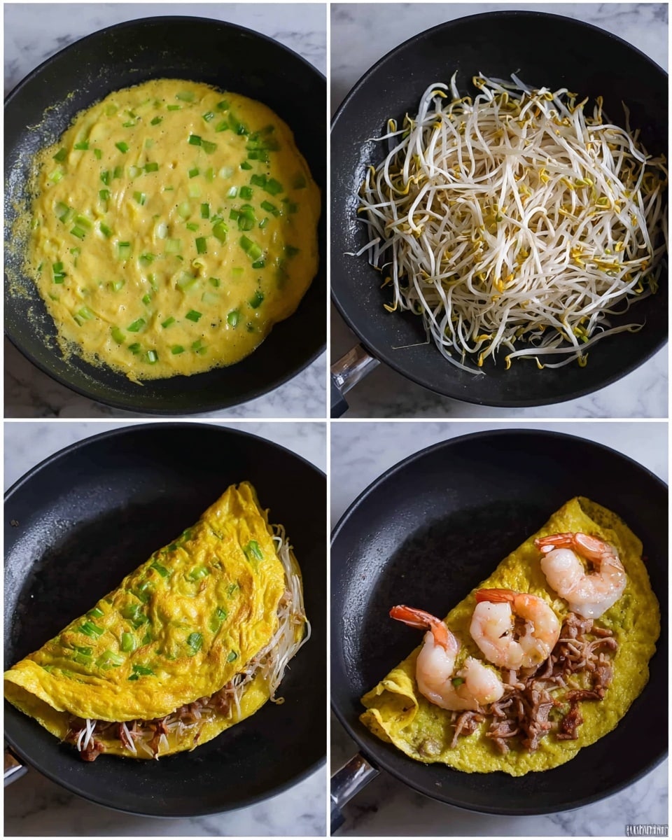 A white rectangular plate holds a folded yellow pancake with a slightly crispy texture, divided into four pieces. Inside the pancake, there are visible layers of light brown cooked meat, pink shrimp, and white bean sprouts. On the left side of the plate, there is a small pile of fresh green lettuce leaves, two red chili peppers, and sprigs of green mint. A pair of brown wooden chopsticks rests near the bottom edge of the plate. The whole arrangement is set on a white marbled surface. Photo taken with an iphone --ar 4:5 --v 7