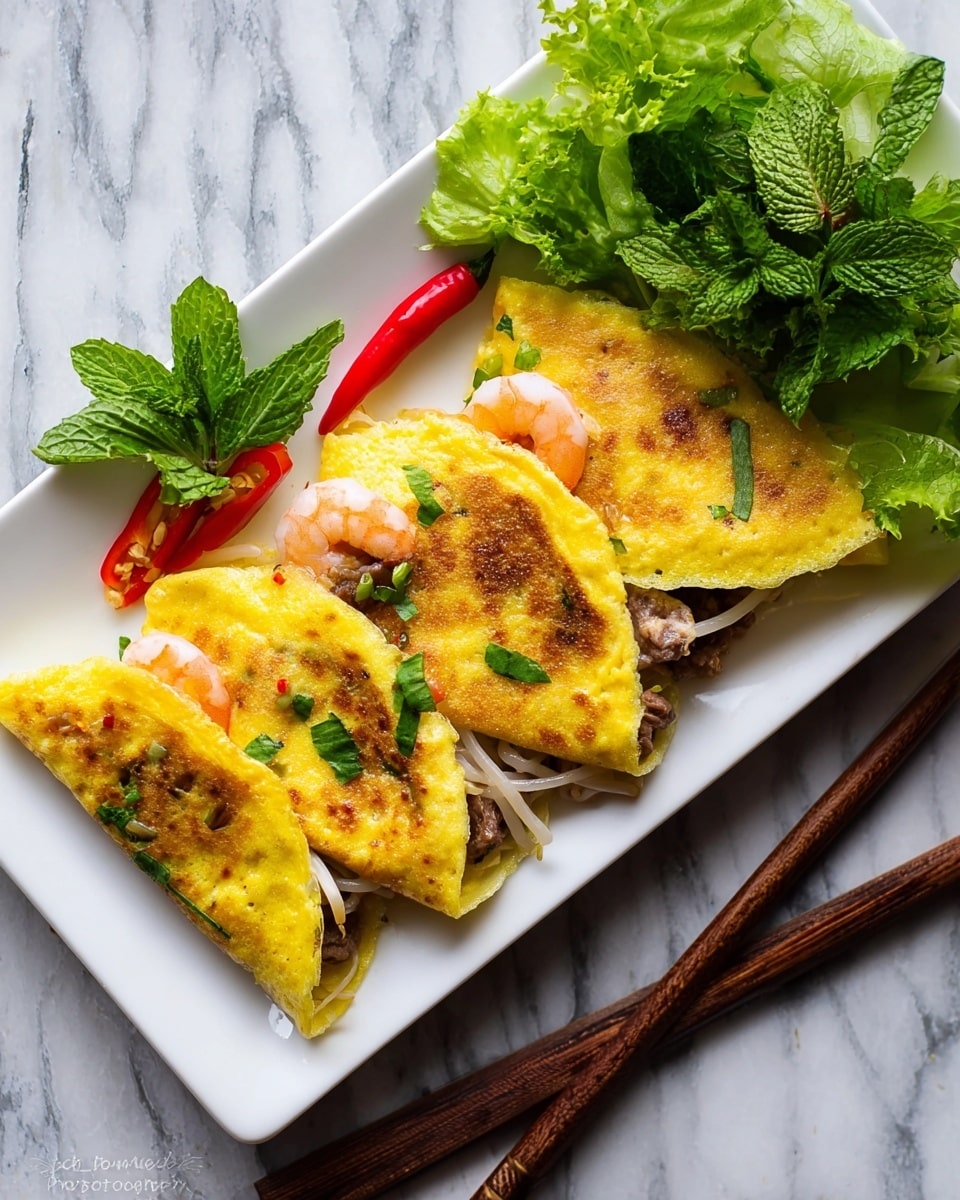 A white rectangular plate on a white marbled surface holds a folded yellow pancake with light brown spots and small green bits scattered through it. Inside the pancake are cooked shrimp with a pink and white color, thin white bean sprouts, onion slices, and pieces of brown meat. To the side of the pancake, there are fresh green lettuce leaves and bright green mint sprigs, along with two small red chili peppers resting on the lettuce. A pair of dark wooden chopsticks lies diagonally on the plate next to the pancake. In the top right corner, a small white bowl with a blue patterned rim contains a light brown dipping sauce with small chopped pieces floating inside. photo taken with an iphone --ar 4:5 --v 7