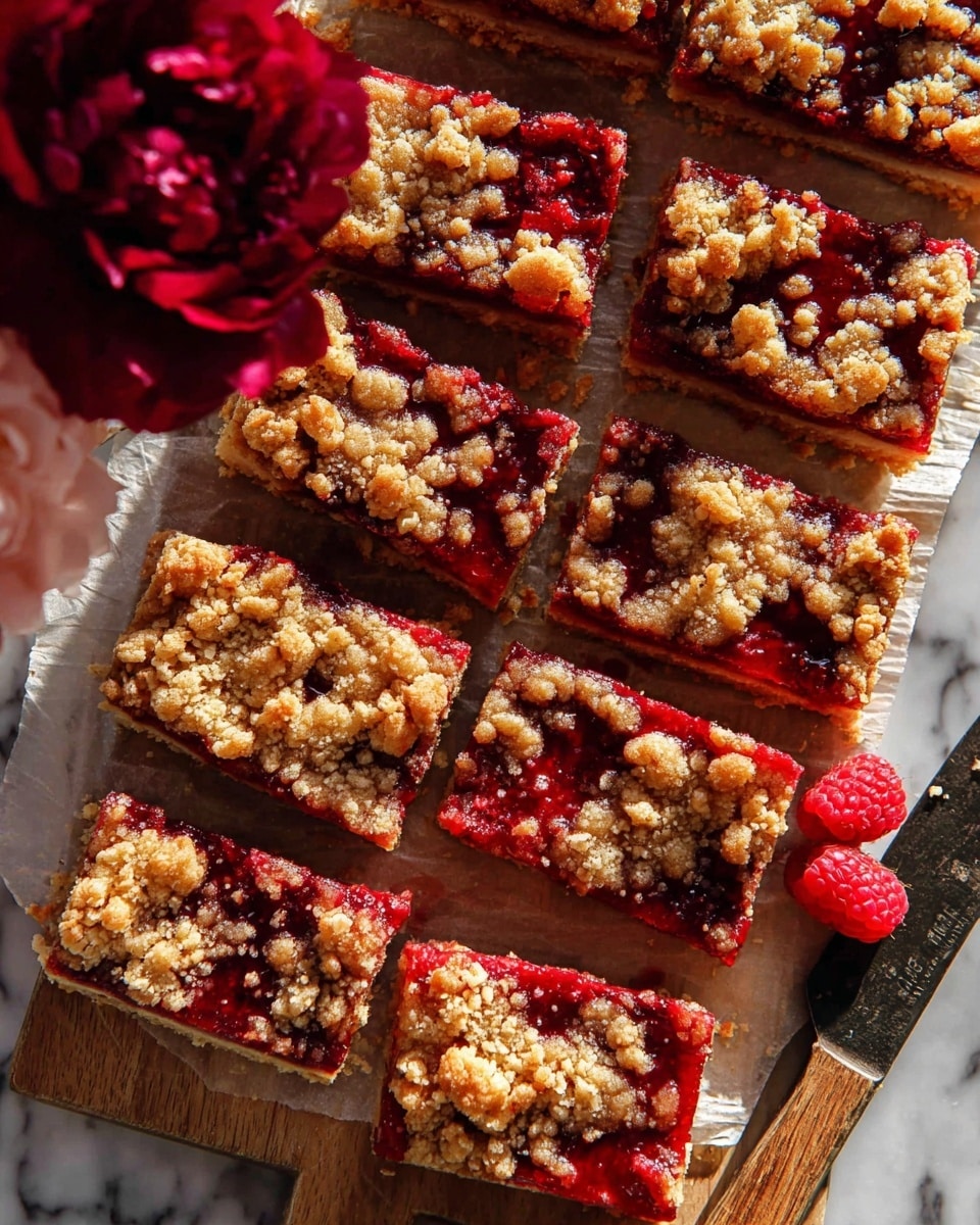The image shows several cut rectangular raspberry crumble bars arranged on a wooden board lined with parchment paper on a white marbled surface. Each bar has two clear layers: a firm golden brown crumb base on the bottom, and a glossy red raspberry jam layer on top, dotted with scattered darker raspberry seeds. The raspberry layer is partially covered with textured, crunchy golden brown crumble topping, unevenly spread across the surface. There is a wooden-handled knife partially visible at the bottom right corner, with a single fresh raspberry near it. In the upper part of the image, a deep red peony flower adds a vibrant touch. The photo taken with an iphone --ar 4:5 --v 7