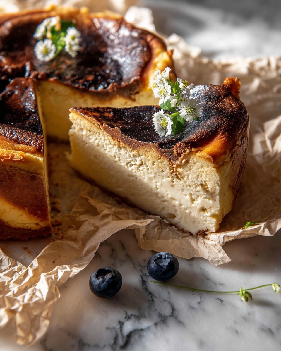 The image shows a thick pie with a rough, golden-brown crust around the sides and a darker top layer that looks soft and slightly cracked. The pie has been sliced, revealing a smooth, light yellow filling inside. It sits on crumpled baking paper placed on a white marbled surface. There are small white flowers and dark blue berries placed on top of the slices and around the pie, adding a fresh and decorative touch. Warm light highlights the textures and colors, creating shadows that give depth to the pie and its surroundings photo taken with an iphone --ar 4:5 --v 7