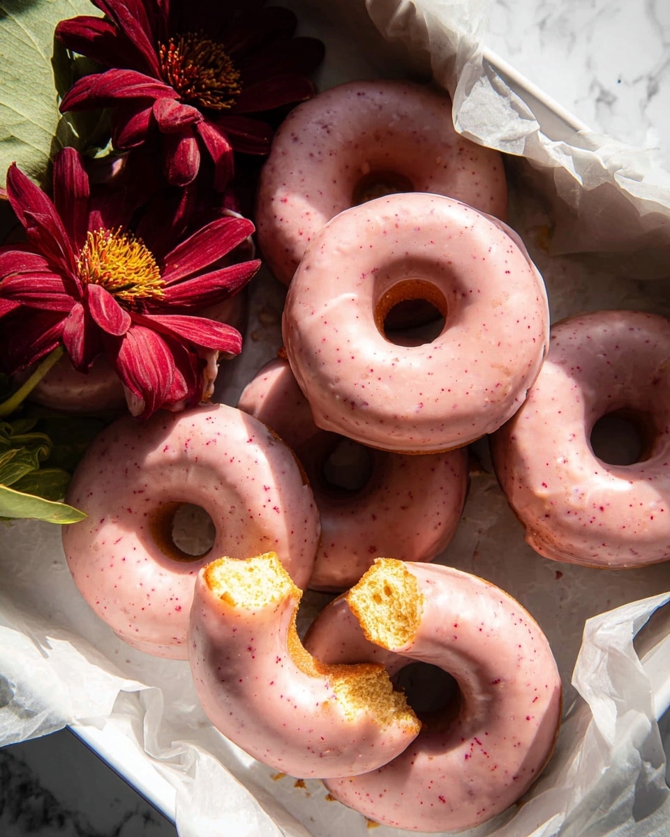 The image shows a box filled with seven donuts on white parchment paper, each donut coated in a smooth, light pink glaze with tiny dark specks inside the glaze. One donut is broken into two pieces, showing a soft, yellowish-brown inside that looks moist and tender. The donuts sit close together, with a bright red flower with yellow details beside them on the left side of the box. The whole scene sits on a white marbled surface in soft natural light that casts gentle shadows. photo taken with an iphone --ar 4:5 --v 7