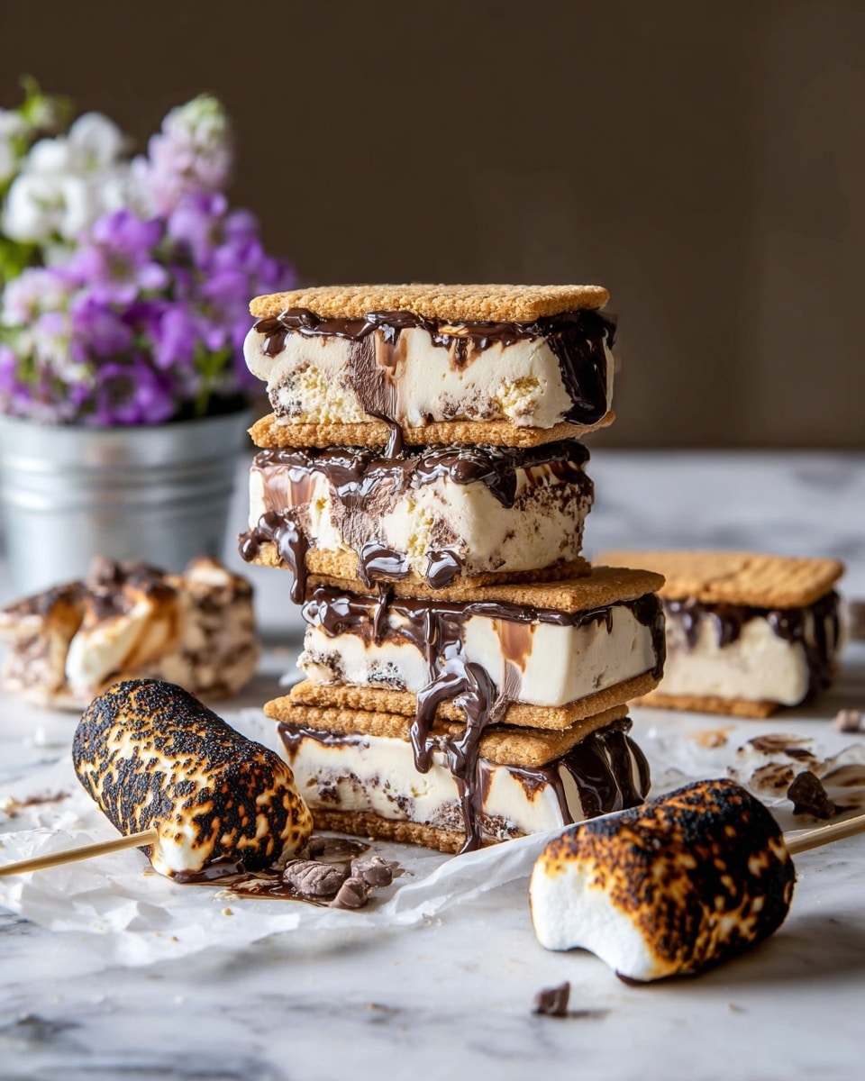 The image shows a stack of three ice cream sandwiches on a white marbled surface, each sandwich made of two rectangular light brown graham crackers with a smooth, creamy layer of vanilla ice cream mixed with swirls of dark chocolate in between. The chocolate is melting slightly, dripping down the sides of the sandwiches. To the side, there are two more ice cream sandwiches standing upright, showing the ice cream and chocolate swirl layers inside. In the front, pieces of a toasted marshmallow on a skewer lie on the white marbled surface with a burnt, dark brown and black charred texture. In the background, a small silver pot with blooming purple and white flowers adds a soft touch. The photo taken with an iphone --ar 4:5 --v 7