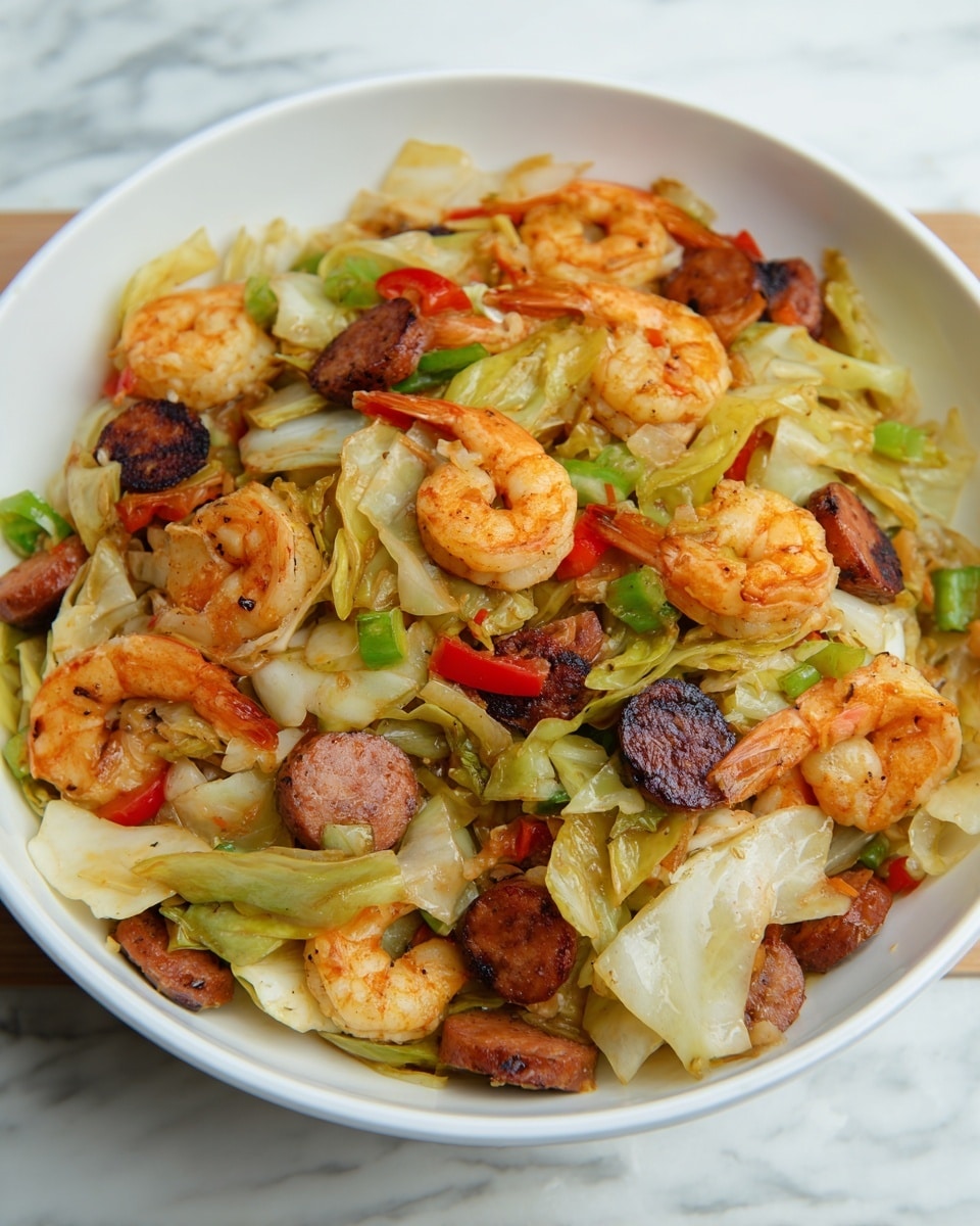 A white bowl filled with a colorful stir-fry of shrimp, sliced sausage, cabbage, and mixed peppers. The dish has three main layers: the bottom layer is made of soft, cooked cabbage with pale green and light yellow shades; the middle layer consists of sliced brown sausage pieces scattered evenly with some charred edges; the top layer features bright orange shrimp that look juicy and slightly shiny, mixed with small pieces of red and green peppers adding pops of color. The dish looks well-mixed but still has visible separate ingredients. The bowl is placed on a white marbled textured surface. photo taken with an iphone --ar 4:5 --v 7