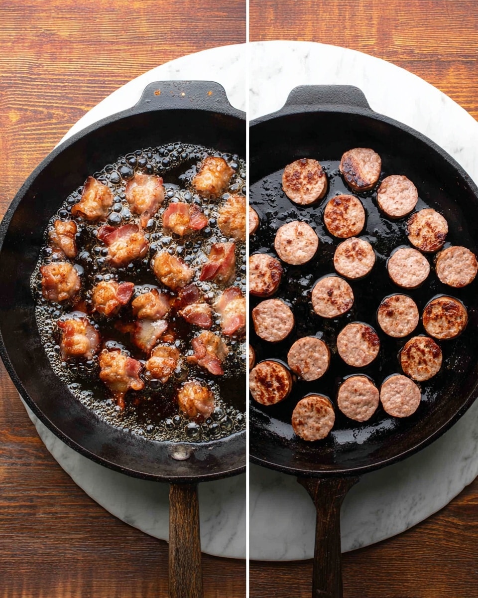 A cast iron pan filled with a cooked mix of three visible layers: the base layer has light golden cooked cabbage pieces with soft, slightly browned edges; the middle layer contains thick round slices of dark brown sausage with a roasted texture; and the top layer includes small chunks of bright red cooked pepper and green parsley leaves scattered across, with a wooden spoon stirring the mixture inside the pan. The pan sits on a rustic wooden table with a white marbled textured surface visible at the edges. Photo taken with an iphone --ar 4:5 --v 7