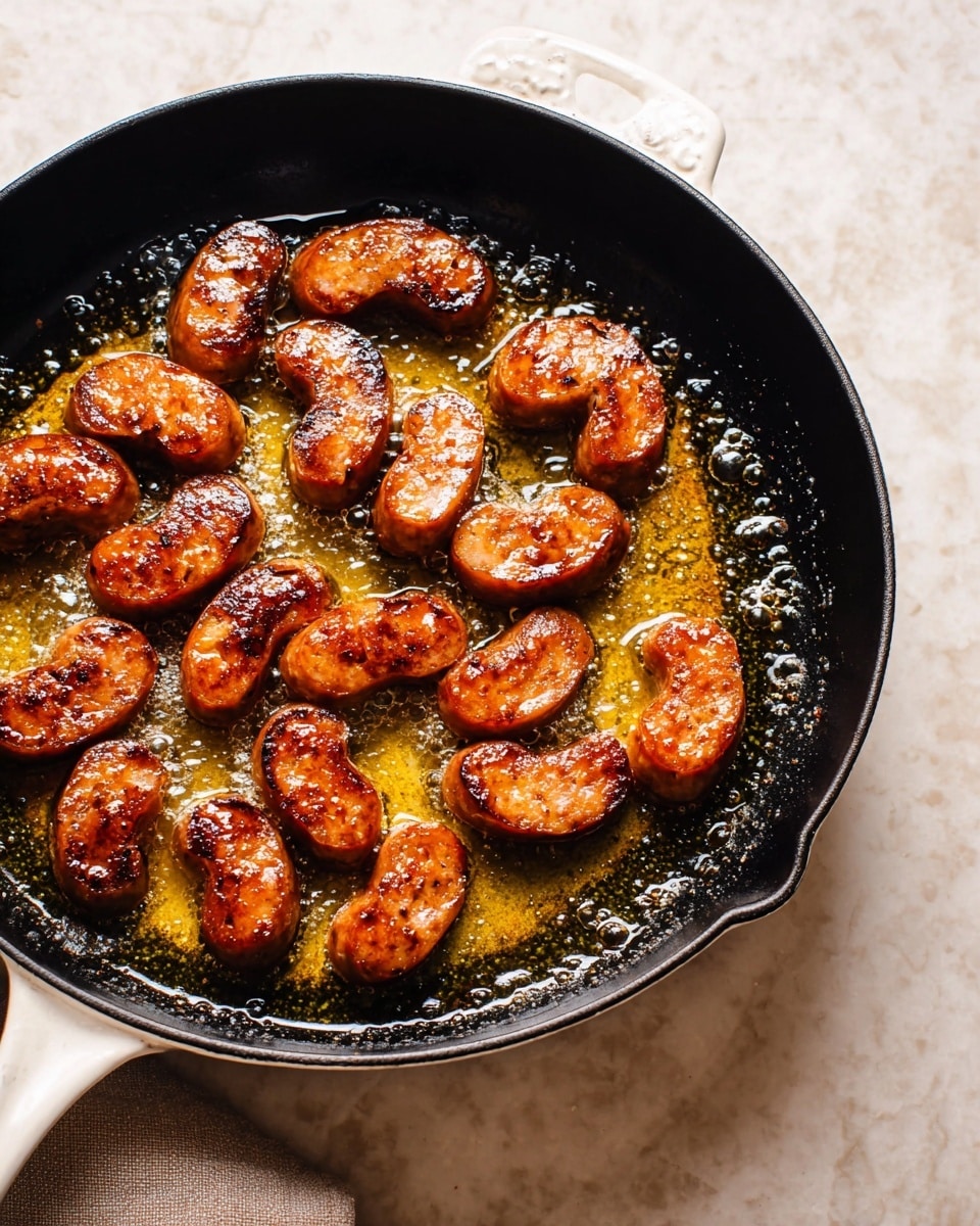 A white plate holds a dish with two main layers: the bottom layer consists of browned, soft cabbage pieces with light and dark yellow tones, and the top layer shows slices of browned sausage in dark brown color. Both layers are mixed together and sprinkled with small green herb pieces, adding a fresh touch. A gold fork is placed on the plate, holding some sausage and cabbage. The plate rests on a white marbled surface near a white cloth with orange checked patterns. Photo taken with an iphone --ar 4:5 --v 7