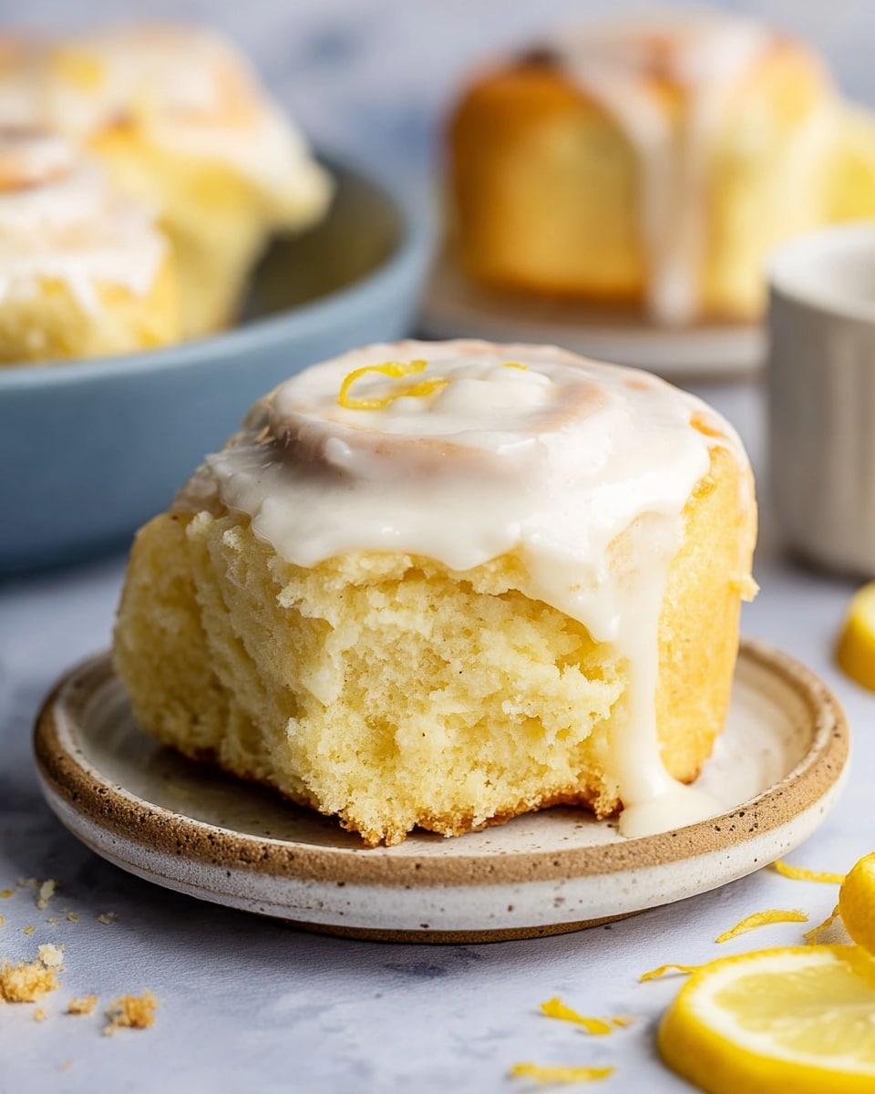 A close-up of a lemon roll with two visible layers of soft, fluffy dough that is light yellow in color, topped with a thick, smooth white glaze that drips slightly down the side. The roll sits on a small round white plate with a rough texture. The background has a white marbled surface, with a couple of lemon slices on the right side and some crumbs scattered around. In the blurred background, there are more lemon rolls on white plates. photo taken with an iphone --ar 4:5 --v 7