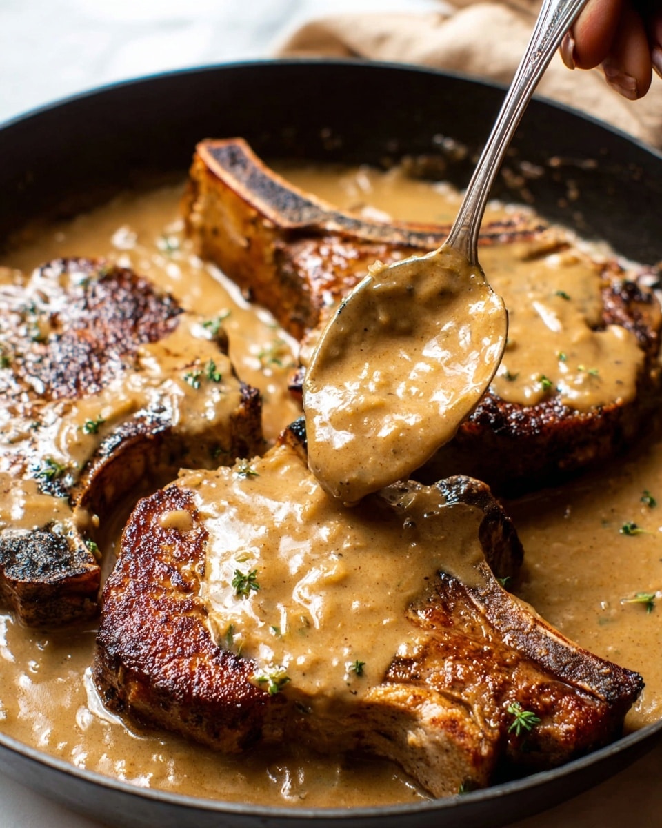 A black pan holds three pieces of cooked meat with a dark brown, slightly charred crust, covered generously in thick, creamy light brown sauce with specks of black pepper and small bits of herbs and onions. The sauce spreads evenly across the meat and fills the pan, creating a rich and smooth texture contrast with the crisp meat underneath. The pan sits on a white marbled surface with a piece of off-white fabric with fringed edges partially visible below it. Photo taken with an iphone --ar 4:5 --v 7