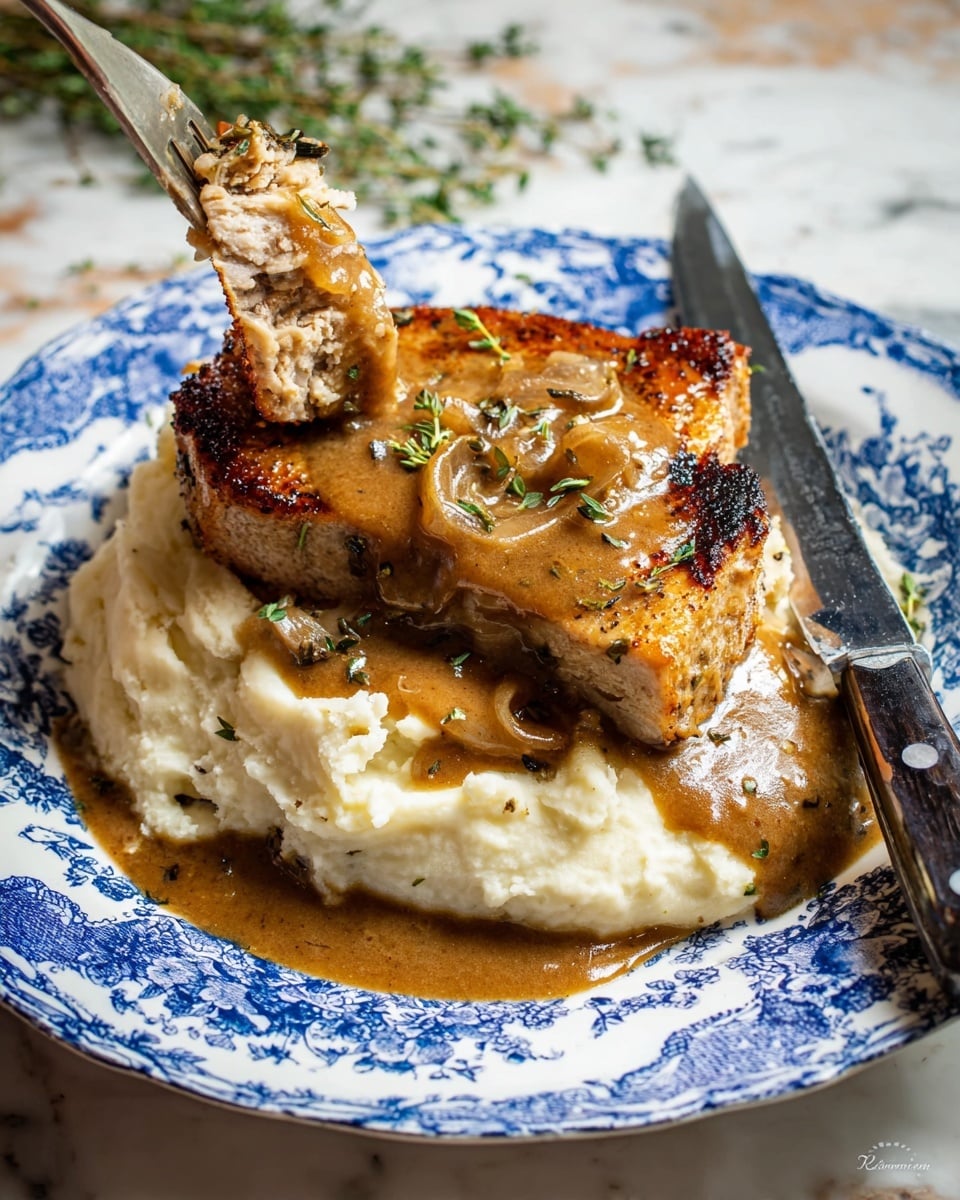A white plate with blue floral patterns holds a dish with three main layers. The bottom layer is a bed of creamy mashed potatoes, soft and fluffy in texture, in off-white color. On top of the mashed potatoes is a thick, golden-brown cooked pork chop with dark crispy edges. The top layer is a rich brown gravy with visible slices of cooked onions and small green herb pieces scattered on it. A woman's hand with a fork is lifting a piece of the meat covered in gravy, showing the juicy inside. A knife with a black handle rests on the right side of the plate. The plate sits on a white marbled surface with some greens visible in the blurred background. Photo taken with an iphone --ar 4:5 --v 7