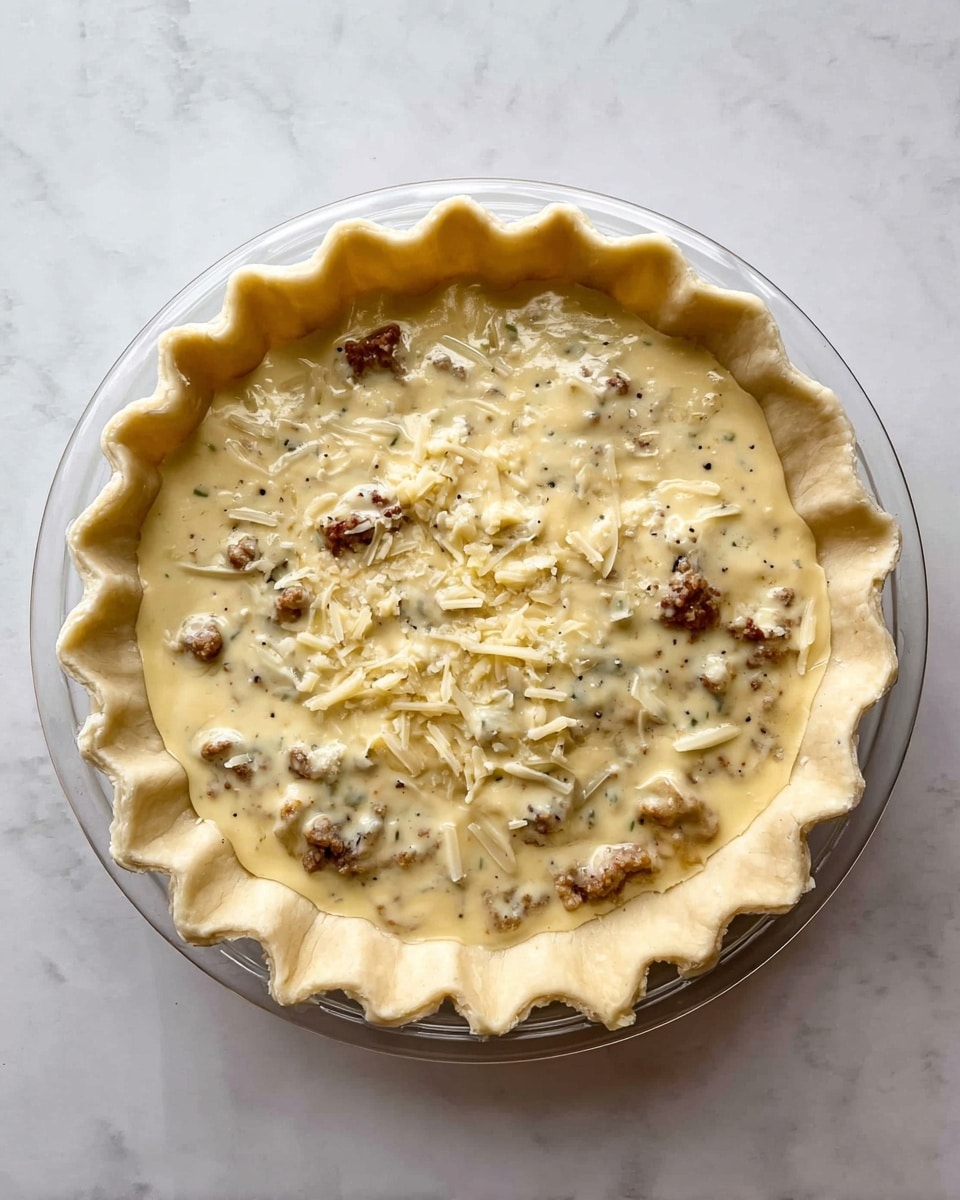 A clear glass pie dish holds an unbaked pie with a thick, fluted light golden crust around the edges. Inside, there is a creamy, pale yellow filling mixed with small, uneven pieces of browned meat and a sprinkling of shredded white cheese on the surface. Tiny black specks, likely pepper, are scattered throughout the filling, which has a slightly glossy texture. The pie rests on a white marbled surface, adding a clean and bright background to the image. photo taken with an iphone --ar 4:5 --v 7