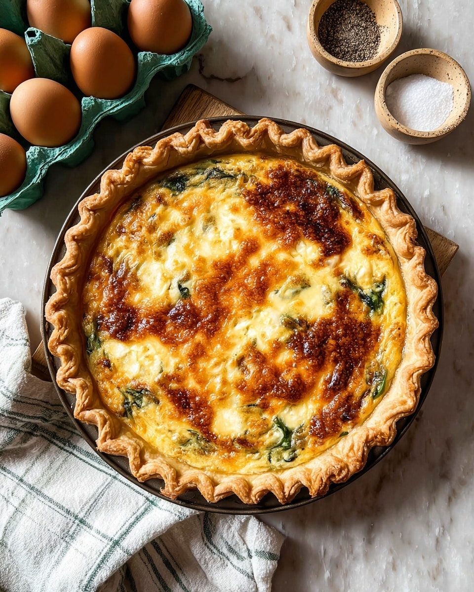 A golden-brown pie with a crimped edge sits on a dark plate, showing a slightly glossy and bubbly top layer of melted cheese with hints of green vegetables underneath. The crust is thick and flaky, holding together a creamy filling with a mix of yellow and white tones. To the top left, there is a white egg tray holding six brown eggs, all arranged neatly, resting on a white marbled surface with a striped cloth partially visible at the bottom left. Photo taken with an iphone --ar 4:5 --v 7