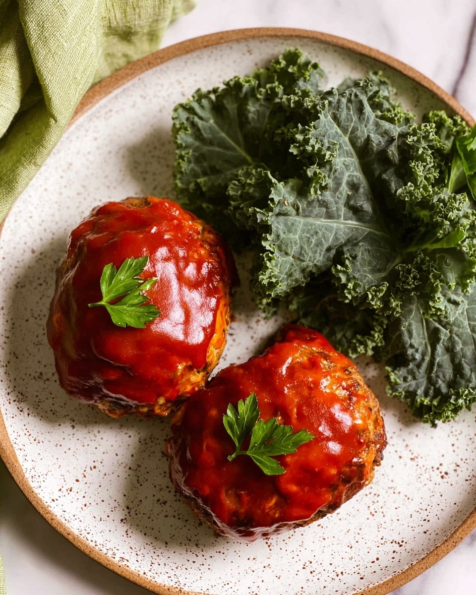 The image shows two small meatloaves on a white speckled plate, each covered with a thick, shiny red sauce and topped with small green parsley leaves. To the right of the meatloaves, there is a pile of dark green kale leaves that look fresh and slightly glossy. The plate is on a white marbled surface with a light green cloth partially visible on the left side. The overall colors are warm and earthy with a focus on the red sauce and green kale. Photo taken with an iphone --ar 4:5 --v 7