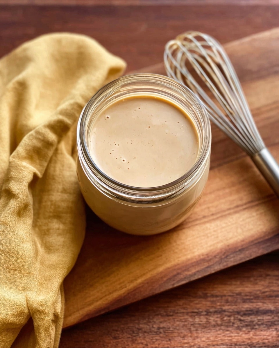 A clear glass jar is filled with a smooth, creamy light beige sauce, with a slightly glossy texture and small air bubbles visible on the surface. The jar sits on a brown wooden board that shows natural grain patterns, and next to it lies a small metal whisk coated lightly with the same sauce at the top, suggesting it was just used to mix the sauce. A soft yellow cloth is folded and placed on the left side of the image, contrasting gently with the wood. The overall setting has warm, natural lighting and a close-up top-down view. photo taken with an iphone --ar 4:5 --v 7