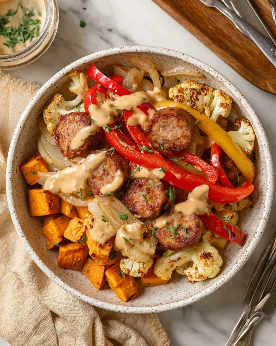 The image shows a white tray filled with roasted vegetables and sliced sausage. The first layer includes chunks of orange sweet potato and off-white cauliflower pieces with slight browning. Mixed in are slices of light brown sausage with herbs, cooked until lightly browned. Thin slices of caramelized white onions and strips of red and yellow bell peppers add bright colors spread evenly across the tray. Small sprigs of fresh green rosemary are placed on top for garnish. Near the corner, there is a small white bowl with a creamy beige sauce and a silver spoon resting inside. The whole scene is set on a white marbled surface. photo taken with an iphone --ar 4:5 --v 7