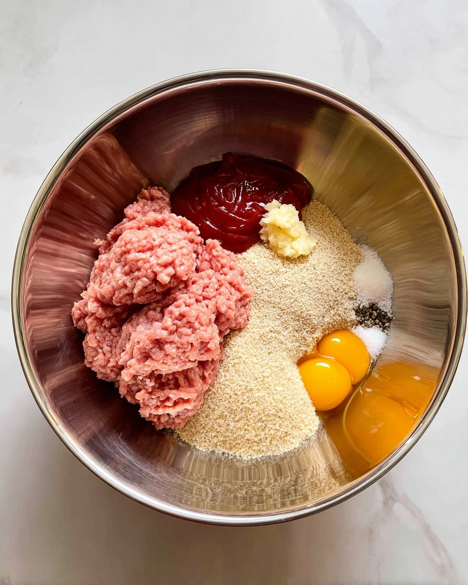 A shiny steel bowl is placed on a white marbled surface, holding several layers of ingredients ready to mix. On the left side, there is a large pile of pink raw ground meat with a soft texture. To the right of the meat, there is a thick heap of fine beige breadcrumbs. Above the breadcrumbs, there are bright red ketchup and a small scoop of pale yellow minced garlic. Adjacent to the ketchup and garlic are two raw yellow egg yolks with smooth surfaces. Near the bottom right edge of the bowl, there are small piles of white salt and fine black pepper. The ingredients are clearly separated in the bowl, showing off a vibrant mix of colors and textures. photo taken with an iphone --ar 4:5 --v 7