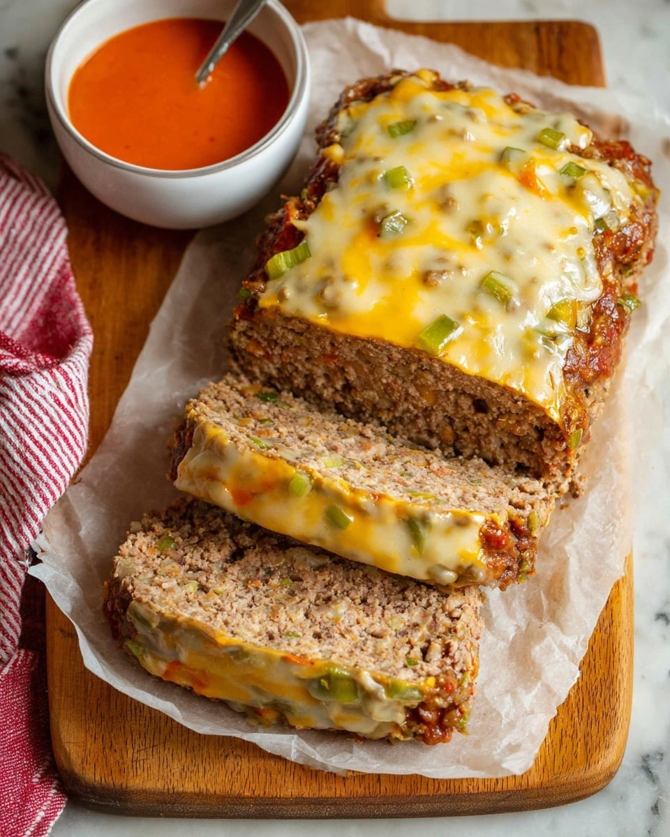 The image shows a sliced meatloaf with three visible layers. The bottom and middle layers are cooked ground meat with a brown rough texture. Between these meat layers and on top is a melted layer of light yellow cheese mixed with green and orange vegetable pieces, which have a soft, melted texture. The meatloaf and cheese sit on a sheet of parchment paper on a wooden board, with a white marbled surface underneath. To the top left, there is a small white bowl containing bright orange sauce with a spoon resting inside. A red and white striped cloth is placed at the top edge of the image. Photo taken with an iphone --ar 4:5 --v 7