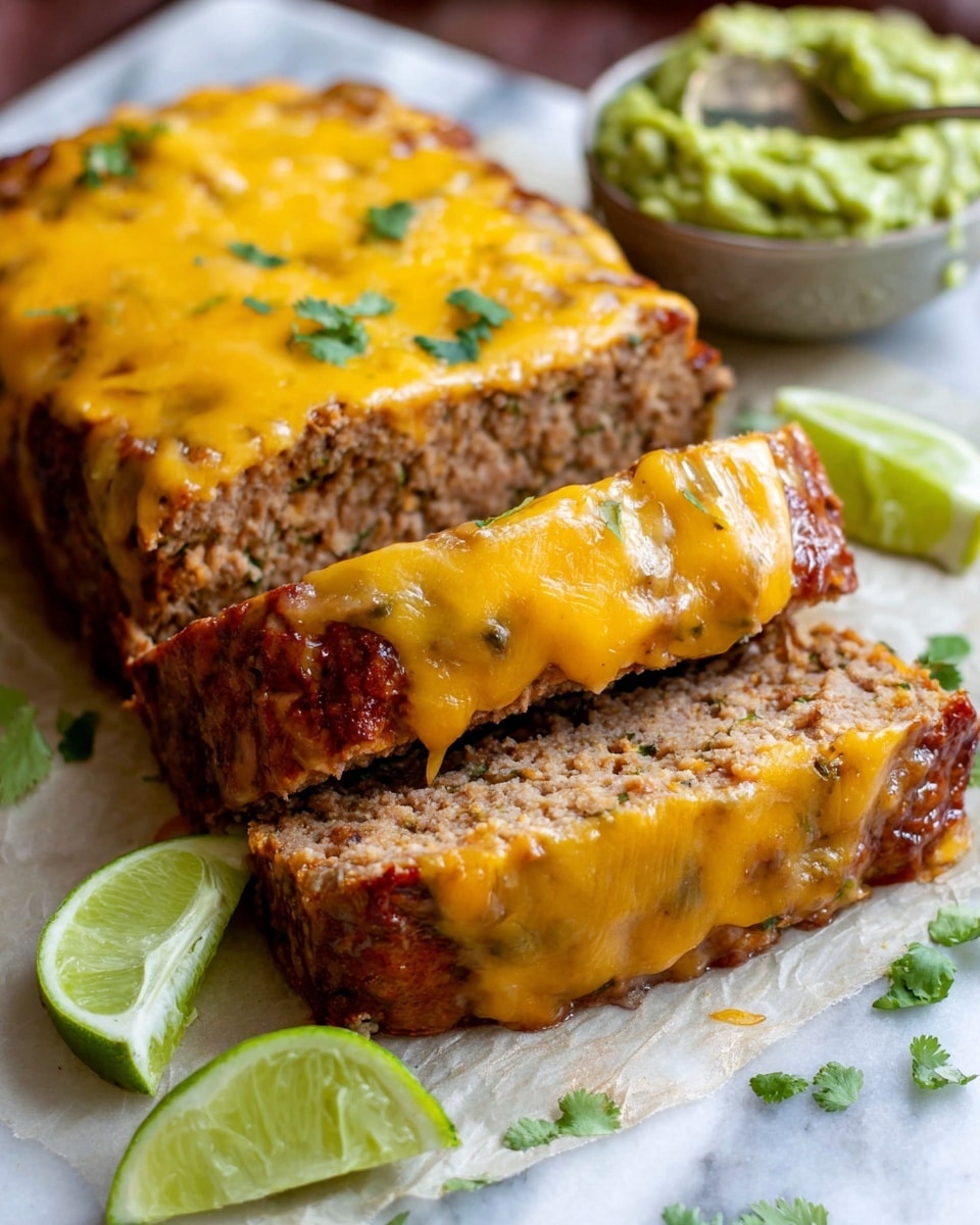 The image shows a loaf of meatloaf sliced into three pieces, each topped with a thick, melted layer of golden-yellow cheddar cheese that slightly drapes over the edges. The meatloaf itself has a rich brown texture with visible bits of seasoning and herbs, and it rests on a piece of parchment paper. Surrounding the meatloaf are fresh lime wedges with bright green color and some scattered cilantro leaves, all placed on a white marbled surface. In the background, a spoon holding a scoop of green guacamole adds a creamy texture and vibrant contrast to the scene. Photo taken with an iphone --ar 4:5 --v 7