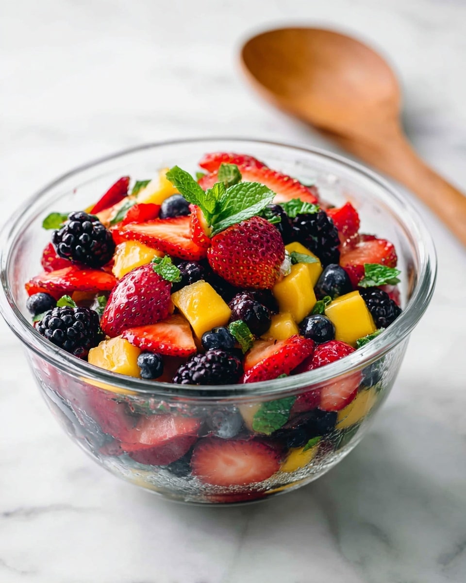 A clear glass bowl placed on a white marbled surface holds a colorful fruit salad, layered with bright red strawberry halves spread evenly on top, deep blue blueberries scattered throughout, shiny black blackberries nestled between the fruits, and vibrant yellow mango cubes interspersed among the berries. Small pieces of fresh green mint leaves sprinkle the fruit, adding a touch of freshness and color contrast. The bowl is full and slightly translucent, showing the mixture of fruits inside. A wooden salad spoon with a smooth texture rests behind the bowl. Photo taken with an iphone --ar 4:5 --v 7