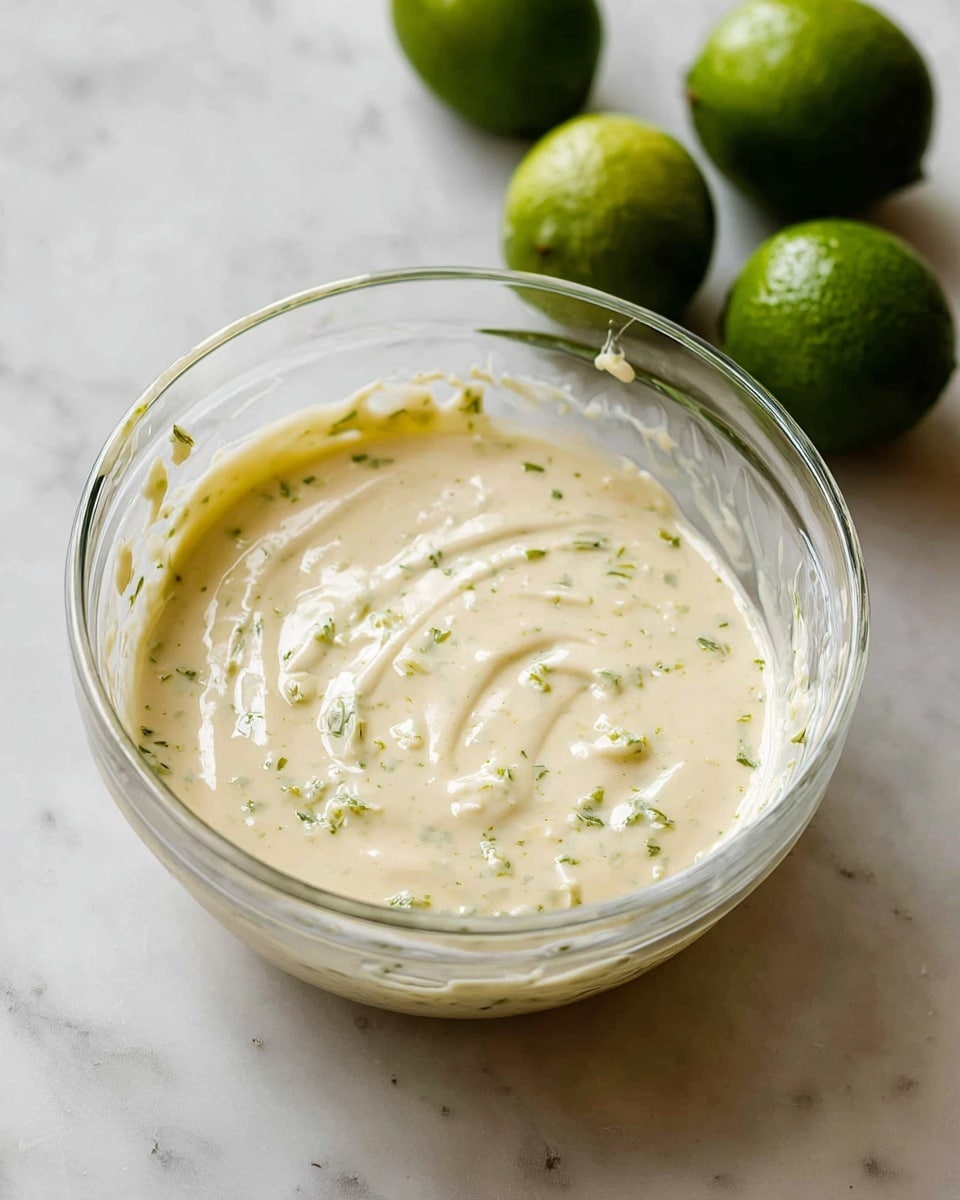 A clear glass bowl filled with a creamy, light beige sauce with small green flecks mixed throughout, giving a slightly speckled look. Around the bowl, there are six small, whole bright green limes placed on a white marbled surface. The sauce has a smooth, thick texture with gentle swirls visible on the surface. The bowl rim shows some sauce drips, adding a natural, fresh feel to the image. Photo taken with an iphone --ar 4:5 --v 7