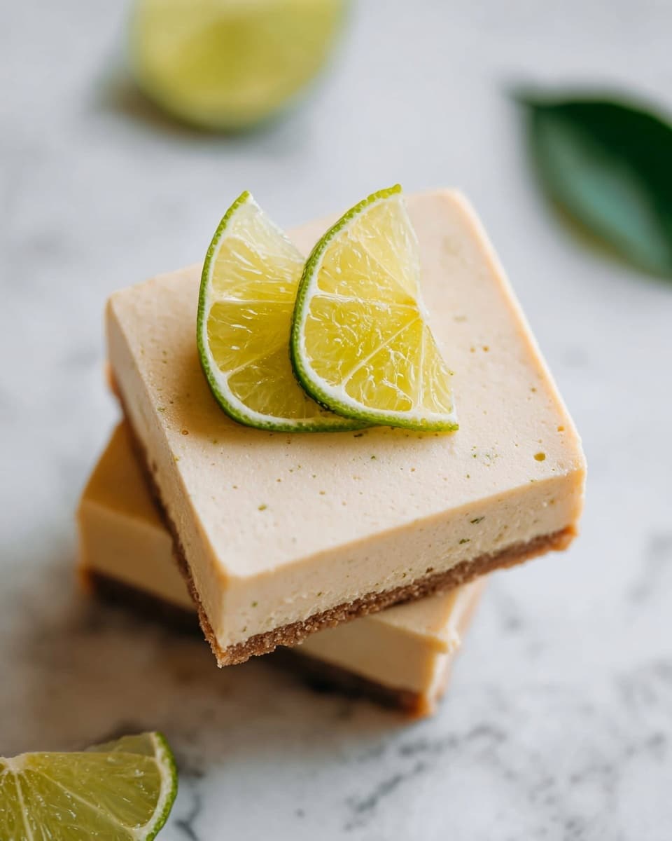 The image shows two square cheesecake bars stacked on top of each other on a white marbled surface. Each bar has two layers: a thick bottom layer of brown crumbly crust with a coarse texture, and a thicker top layer of smooth, creamy off-white cheesecake. On top of the upper bar, there are two thin slices of green lime placed side by side. Part of a green leaf is visible on the right side of the frame. The background is blurred and white, creating a clean and bright look. photo taken with an iphone --ar 4:5 --v 7