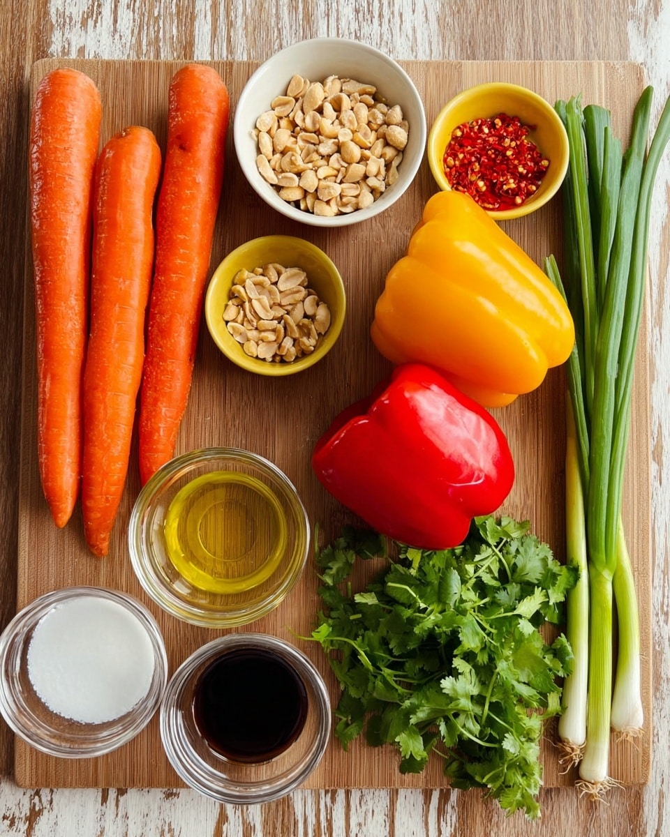 A white bowl filled with a bright salad made of thin orange carrot sticks mixed with red and yellow bell pepper slices, topped with chopped light brown nuts and tiny green herb bits scattered throughout. A silver spoon rests inside the bowl on the right side, with the whole bowl sitting on a white marbled surface. photo taken with an iphone --ar 4:5 --v 7