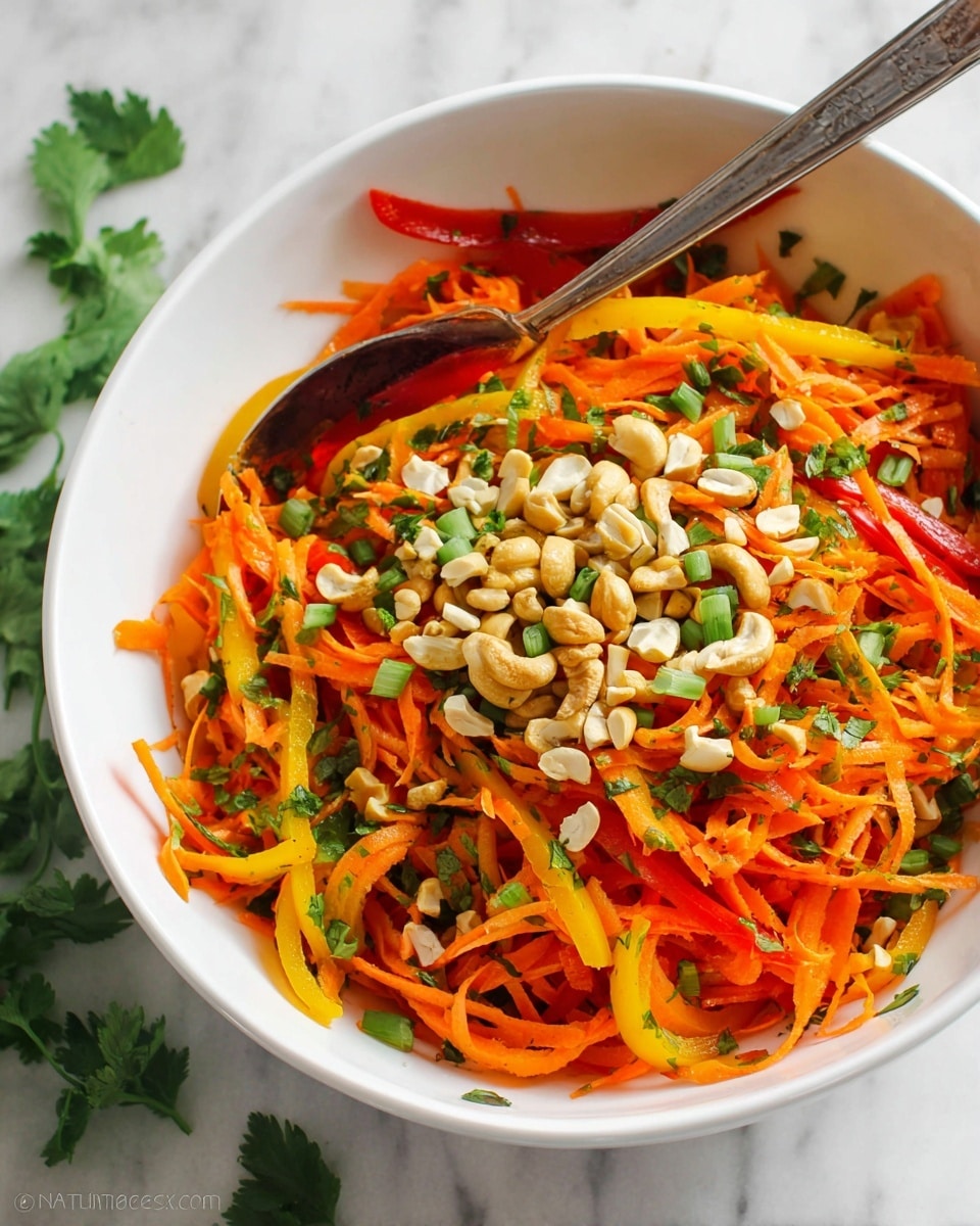A white bowl filled with a colorful salad made of thin carrot sticks layered throughout, bright red and yellow bell pepper strips mixed in, and topped with chopped light brown cashew nuts at the center. Finely chopped green herbs and spring onions are scattered on top, adding flecks of green across the salad. A metal spoon rests inside the bowl on the right side. The bowl sits on a white marbled surface with some fresh green herb leaves around it. The photo taken with an iphone --ar 4:5 --v 7