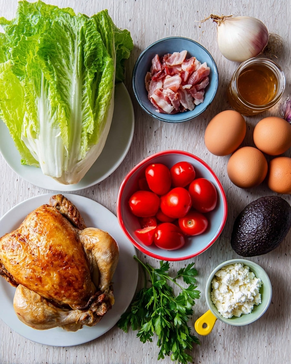 The image shows a whole cooked chicken with golden brown skin on a white plate on the left side. Next to it, there is a fresh green romaine lettuce lying flat. Below the lettuce is a small red bowl filled with raw bacon pieces. To the right of the lettuce, there is a small white bowl filled with bright red cherry tomatoes. Near the tomatoes, a dark purple avocado rests next to two brown eggs. Above the eggs, a small red onion is placed near a yellow measuring spoon filled with white crumbled cheese. Fresh green parsley sprigs are on the right side next to a clear jar with honey or syrup. All items are laid out on a white marbled textured surface photo taken with an iphone --ar 4:5 --v 7