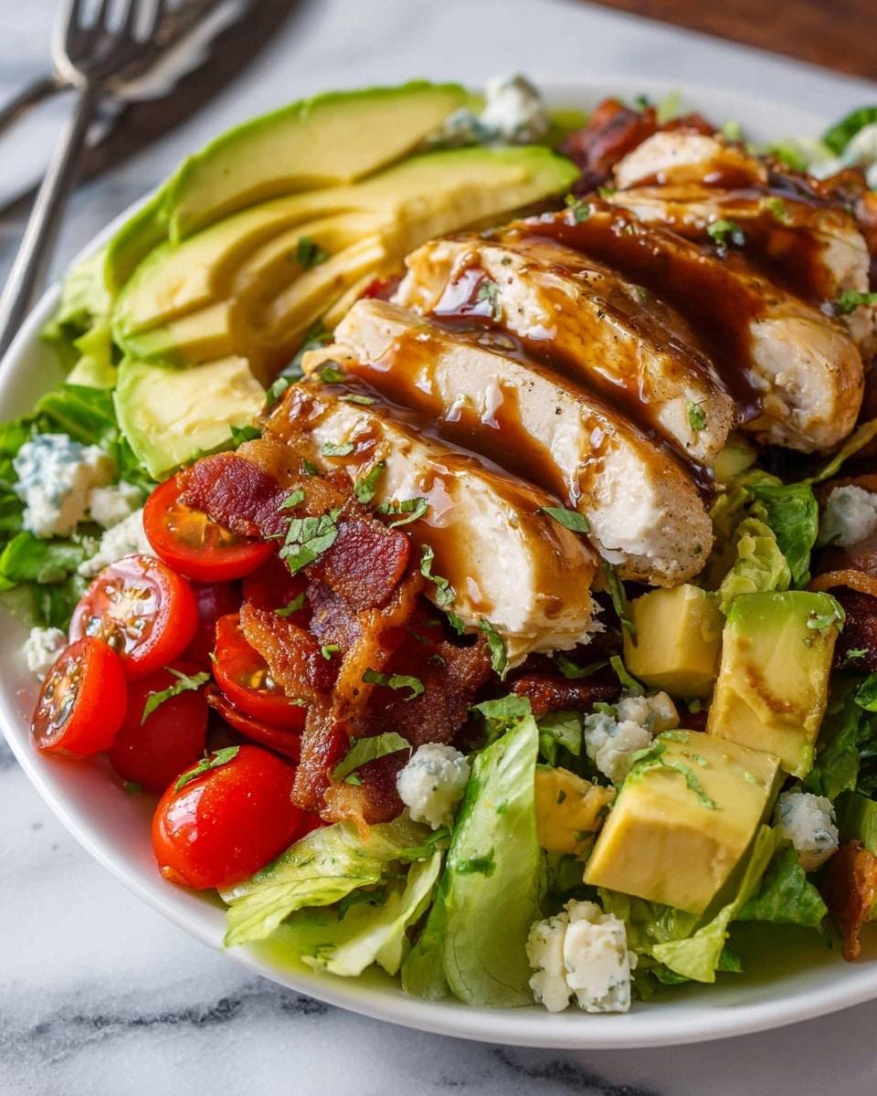 A large white oval plate holds a colorful salad arranged in neat rows on a bed of green lettuce leaves, placed over a white marbled surface. From left to right, the first row features crispy dark brown bacon pieces, followed by bright yellow and white quarters of hard-boiled eggs. Next are thick slices of light green avocado with a smooth texture, then a line of small red cherry tomato halves. Toward the center is a layer of crumbly white cheese sprinkled with chopped green herbs. Adjacent to the cheese are thinly sliced light purple onion rings, and next to that, golden brown sliced cooked chicken. The last row has more crispy bacon pieces. In the background, there is a glass jar with a dark dressing and a wooden spoon. Photo taken with an iphone --ar 4:5 --v 7