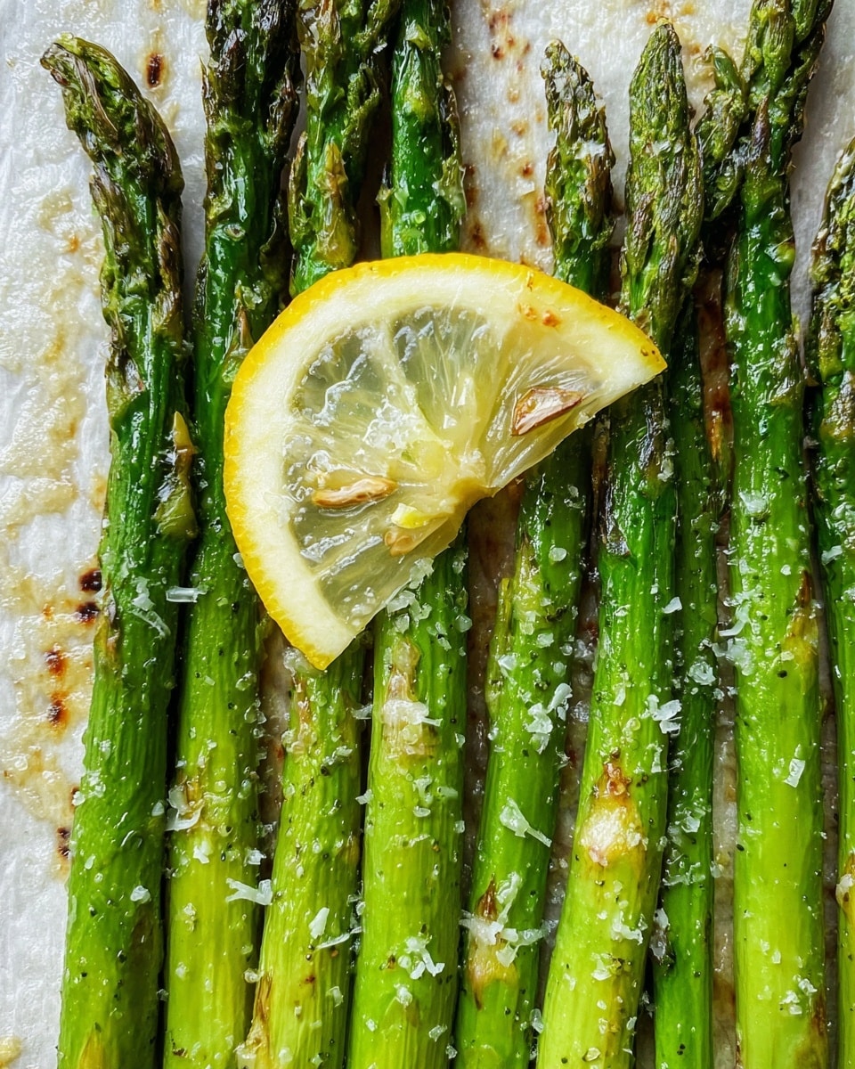 A close-up view of bright green roasted asparagus stalks lined up vertically on a white marbled textured surface. Each asparagus piece shows slight charring and a glossy texture from oil. A single round slice of lemon with a yellow rind and translucent interior sits on top of the asparagus near the center. Light sprinkles of coarse salt and melted pale cheese are scattered unevenly across the asparagus, adding texture and contrast. The photo taken with an iphone --ar 4:5 --v 7