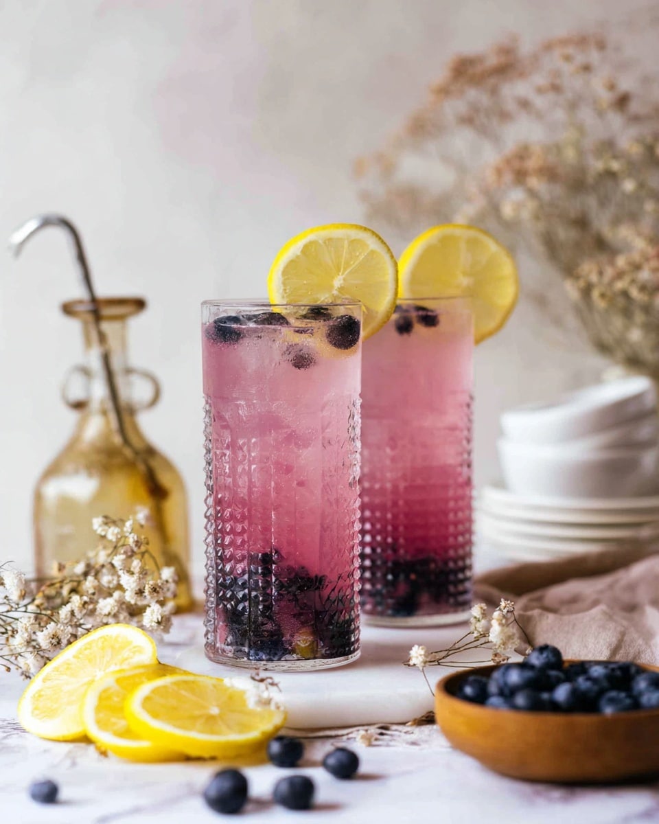 Two clear, tall glasses with vertical ridges hold pink drinks with ice cubes inside. Each glass has a bright yellow lemon slice on the rim. The drinks show a gradient of pink shades, darker at the bottom and lighter near the top, with small dark specks inside. In front of the glasses, there are lemon wedges, and to the side, a small white bowl is filled with dark blue blueberries. The setting is on a white marbled surface with soft natural light. Photo taken with an iphone --ar 4:5 --v 7