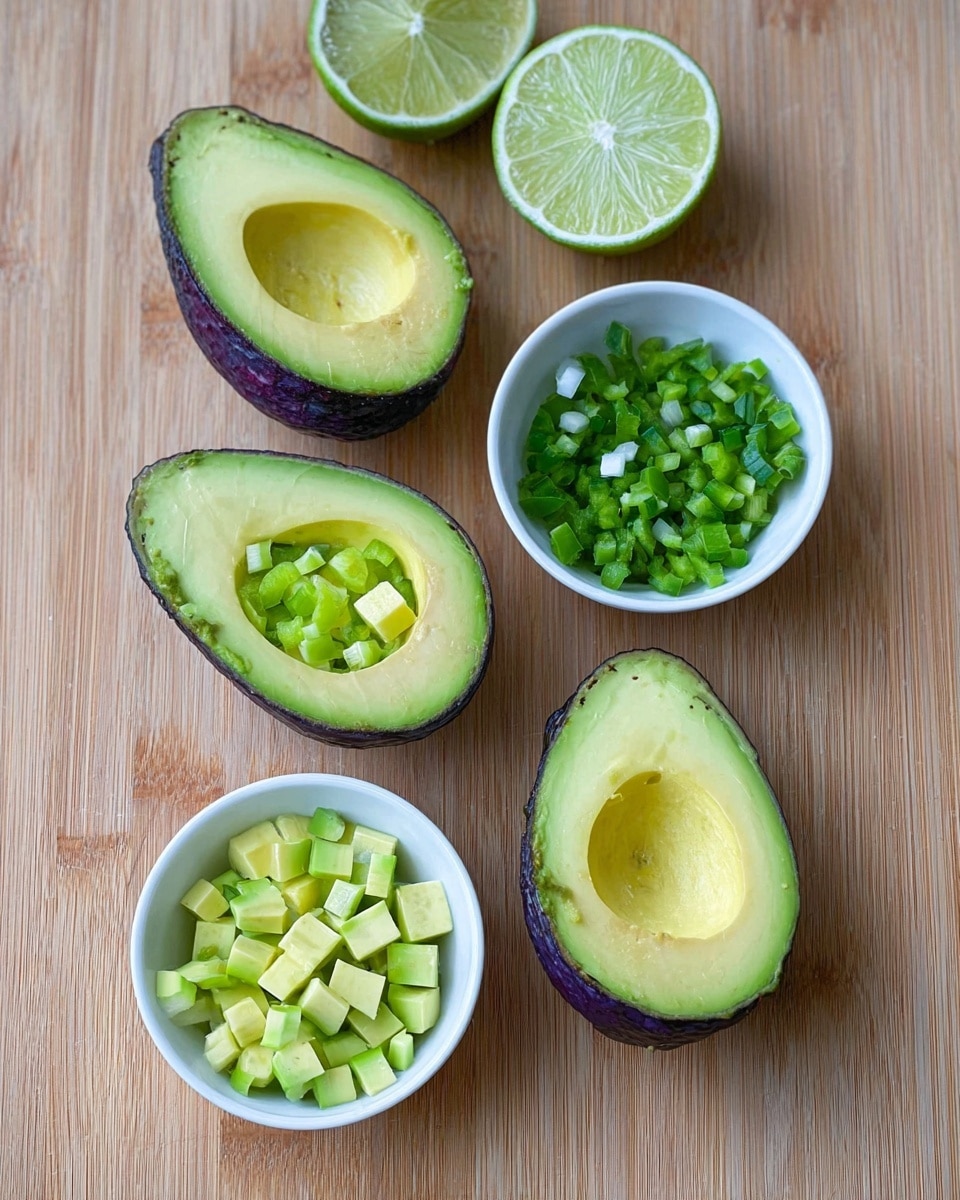 The image shows four avocado halves placed on a wooden surface, each with skin dark green to purple and smooth light green flesh scored into small square sections, ready to be scooped. Two white small bowls sit between the avocado halves, one filled with finely chopped green bell pepper cubes and the other with sliced green onions that have white and green parts. Above the avocado halves, there are two lime halves with light green flesh and white centers, showing fresh juice inside. The whole scene is bright and clean, with natural colors and textures clear and detailed photo taken with an iphone --ar 4:5 --v 7