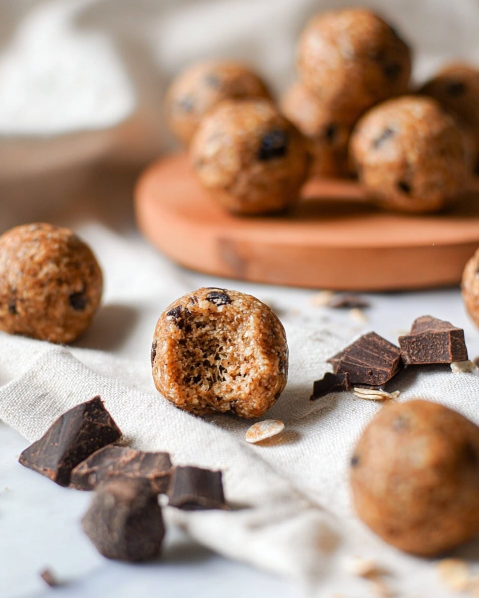 A small white bowl filled with round energy balls that have a light brown color with visible small dark chocolate chunks scattered throughout. One energy ball sits on top with a bite taken out of it, revealing a textured inside similar in color to the outside. Behind the bowl, there is a wooden board with more energy balls placed on it, slightly blurred. The surface is a white marbled texture, and in the foreground, there is a square piece of dark chocolate. Photo taken with an iphone --ar 4:5 --v 7