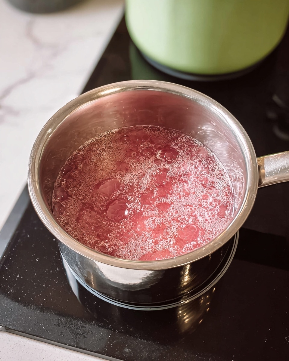 A small stainless steel pot is shown on a black stovetop with a white marbled texture underneath, bubbling gently. Inside the pot, a single layer of pinkish-red liquid is boiling, creating many small bubbles and some larger ones, giving the surface a lively, textured look. In the background, a green pot sits on the stove, slightly out of focus. The overall scene has a clean, simple kitchen feel. photo taken with an iphone --ar 4:5 --v 7