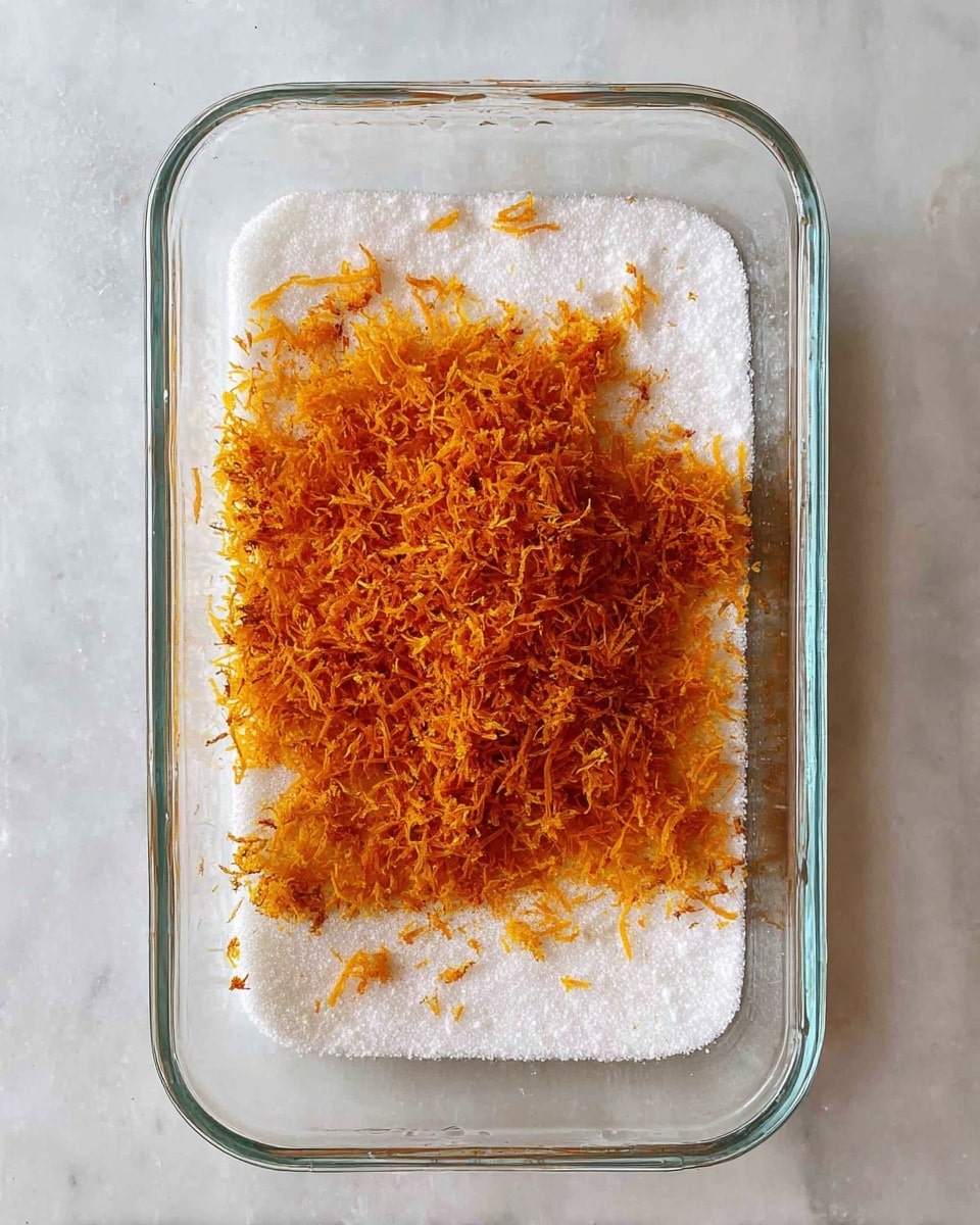 A clear glass rectangular dish contains two layers of ingredients. The bottom layer is white granulated sugar spread evenly across the base. On top of that sits a loose pile of bright orange, finely shredded zest, creating a textured and slightly fluffy layer that contrasts with the smooth sugar below. The dish is placed on a white marbled surface. photo taken with an iphone --ar 4:5 --v 7