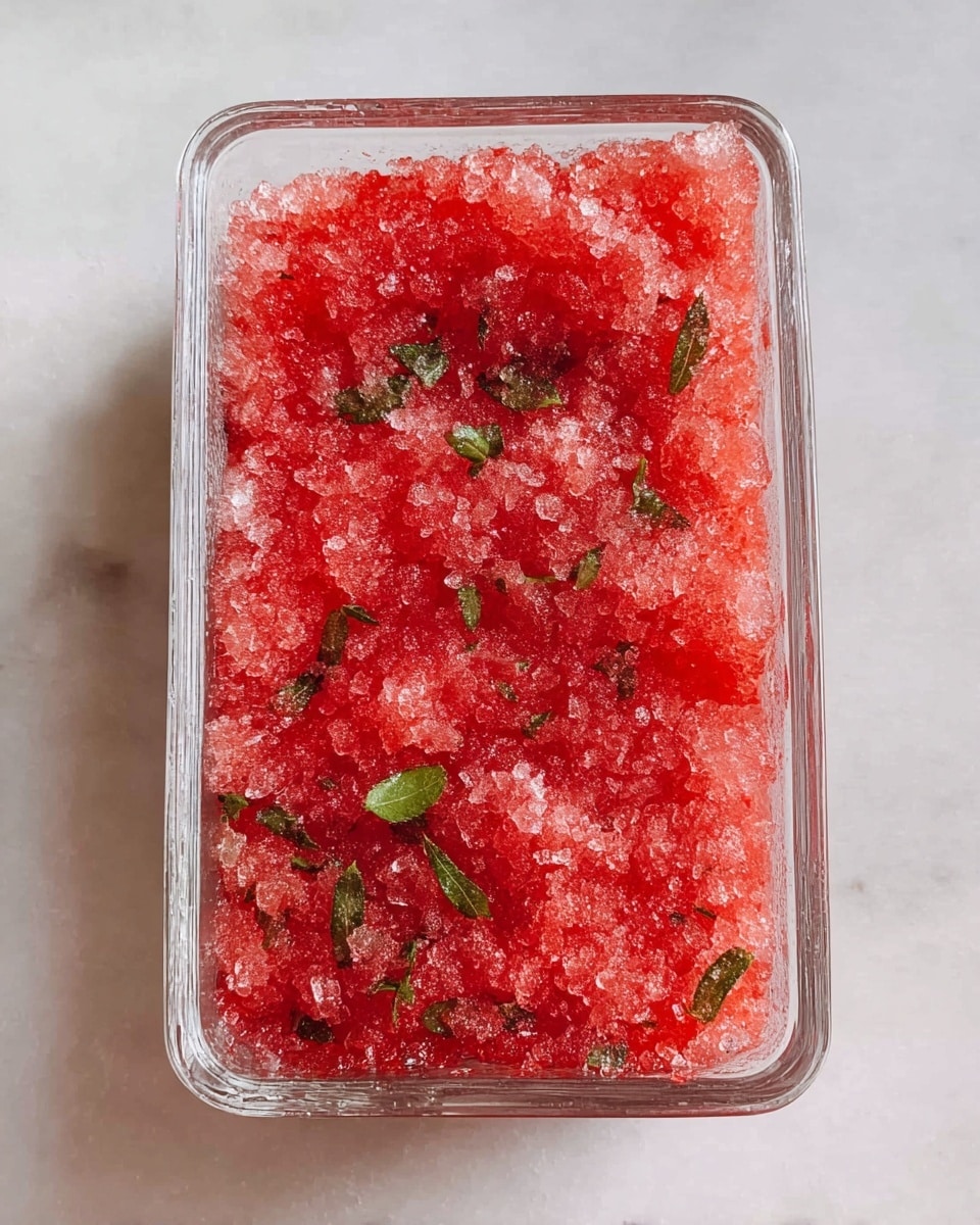 The image shows five hollowed orange halves filled with bright pink shaved ice, placed on a thick wooden board. The orange outer skin is smooth with frost on the lower half, and the shaved ice inside looks textured and slightly coarse with small green herb leaves mixed in. Green leafy sprigs lie scattered around the orange halves, adding contrast to the warm wood and vibrant orange and pink colors. A silver spoon rests on the board near the orange halves. The background is a white marbled texture that makes the colors stand out clearly. photo taken with an iphone --ar 4:5 --v 7