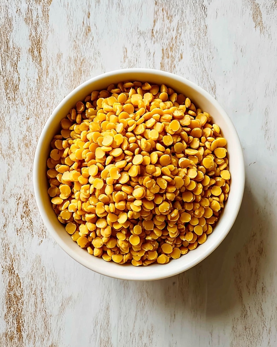 A white bowl filled with a single layer of small, round, yellow split lentils, showing a smooth and slightly shiny texture. The bowl sits on a white marbled surface that has subtle brown and gray vein patterns, giving a clean and bright background. The lentils are piled evenly, with no other objects or layers visible. photo taken with an iphone --ar 4:5 --v 7