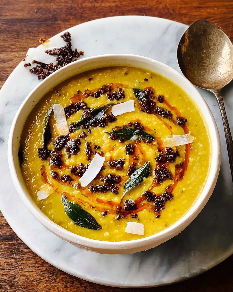 The image shows a bowl filled with a thick, yellow lentil stew with visible small lentil pieces throughout. On top, there is a swirl of dark brown mustard seeds sautéed in oil, creating a textured topping. Thin white coconut flakes are scattered over the surface, with a bay leaf placed near the center for garnish. A silver spoon rests inside the bowl, slightly dipped into the stew. The bowl is round, white, and placed on a white marbled textured surface with some coconut flakes scattered nearby. Photo taken with an iphone --ar 4:5 --v 7