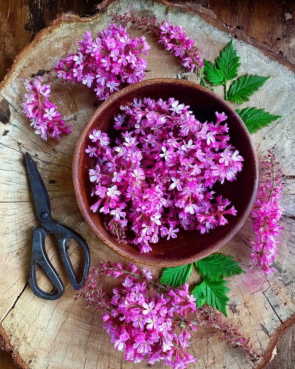 A brown bowl filled with many small, bright pink flowers with white centers sits in the middle of a wooden round surface, with several more pink flower clusters and three green leaves spread around it. A pair of old dark scissors lies at the bottom left corner. The wooden surface has visible rings and natural markings. photo taken with an iphone --ar 4:5 --v 7