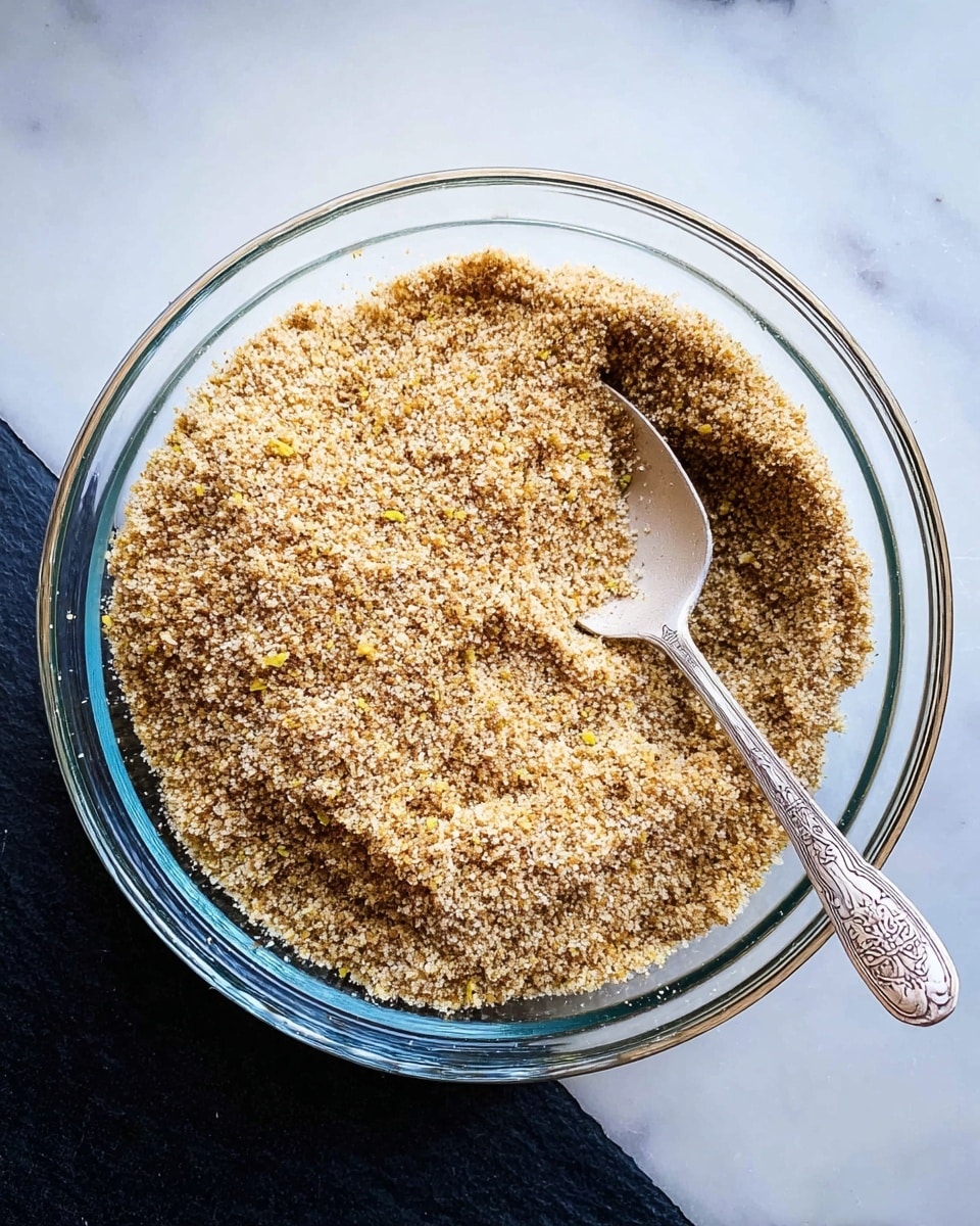 A clear glass bowl filled with a coarse, light brown mixture with small darker and yellow bits evenly spread throughout. A silver and white spoon with a decorated handle rests partly buried in the mixture on the right side of the bowl. The bowl sits on a white marbled surface. photo taken with an iphone --ar 4:5 --v 7