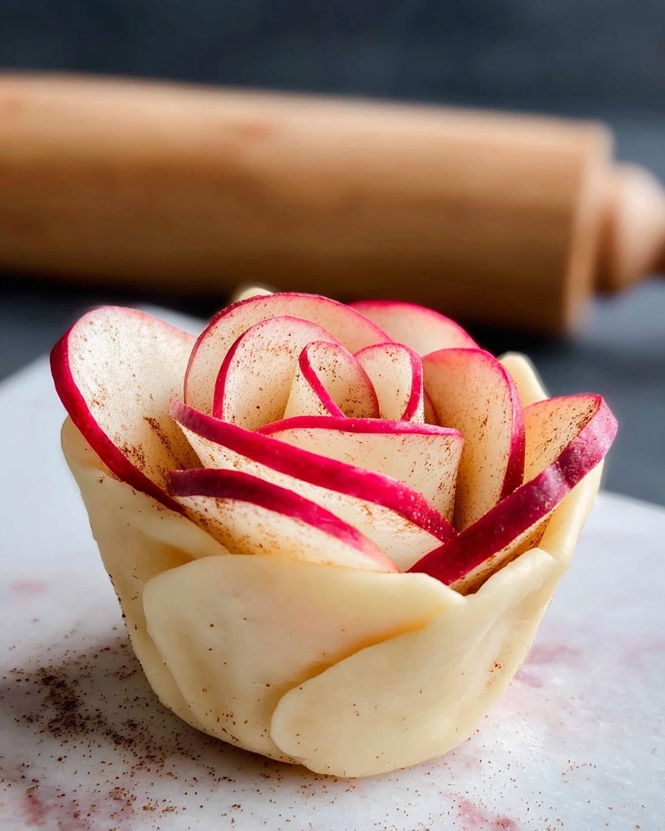 Three rose-shaped pastries sit on a black tray, each made of thin layers of light beige dough wrapped around thin red and pink apple slices that form petals. The apple slices have a smooth, shiny look, with edges curling softly outward to mimic rose petals. The base is round and light beige, holding the petals upright. There are green leaves blurred in the background and the surface beneath the tray is white marbled. photo taken with an iphone --ar 4:5 --v 7