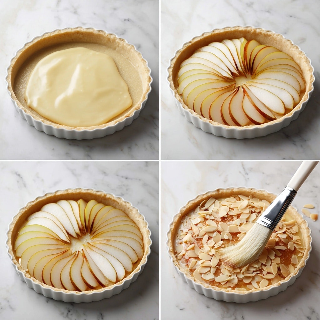 A round tart with a golden-brown crust holds four large pear slices arranged evenly across the top in a circular pattern, each slice showing thin, delicate lines from being sliced. The filling around the pear is light yellow and slightly shiny, sprinkled with sliced almonds and a light dusting of powdered sugar. One slice is taken out, showing the soft texture inside the tart. The tart sits on a white marbled surface with scattered almonds around it. photo taken with an iphone --ar 4:5 --v 7