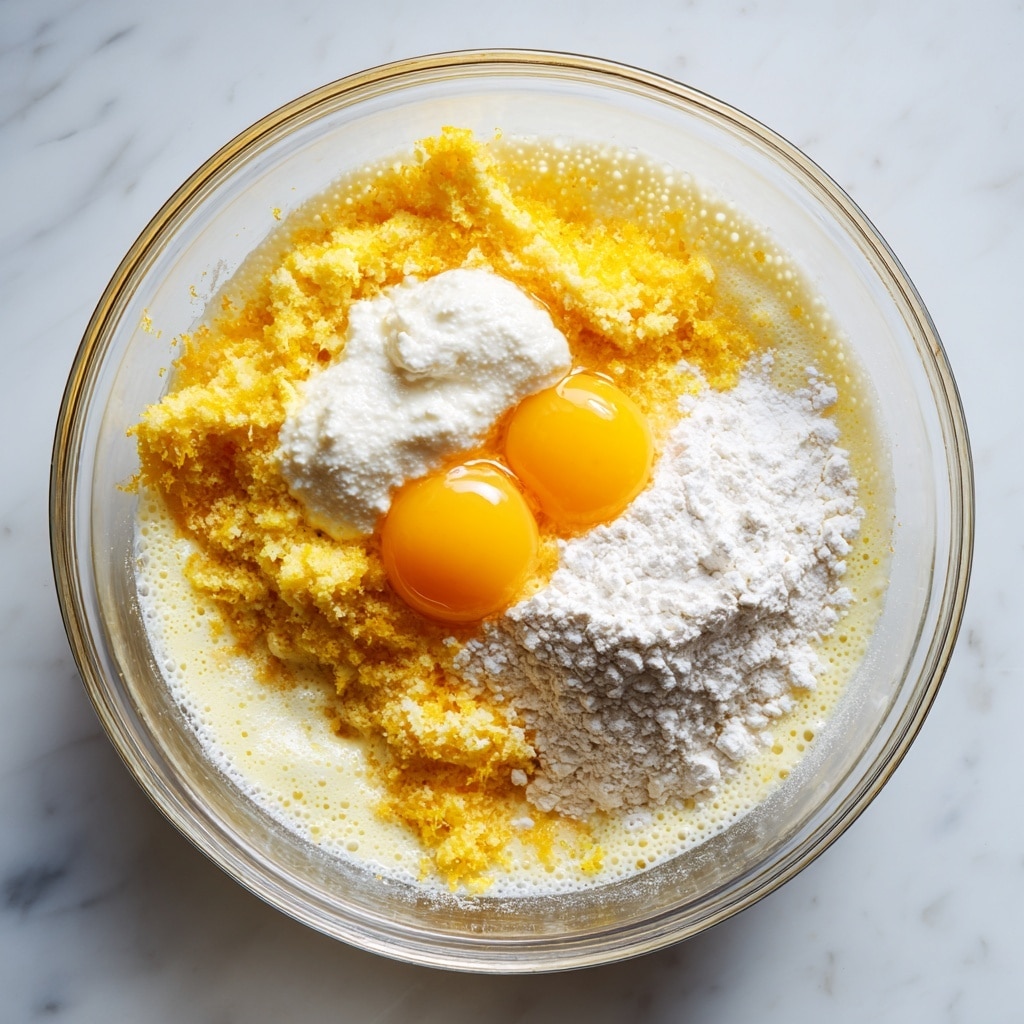 A clear glass bowl sits on a white marbled surface, showing a step-by-step mixing process. In the first layer, white sugar mixed with grated yellow lemon zest forms a rough texture, with a woman's hand pinching some of the mixture. The second layer shows three raw yellow egg yolks on top of the sugar and zest, the egg whites blending around but mostly clear. The third layer is a smoother, foamy yellow mixture with a dollop of white yogurt or cream placed on top, adding a soft texture contrast. The fourth layer shows a woman's hand pouring white flour from a small glass bowl into the creamy yellow mixture, creating a fresh powdery layer partially mixed in the glass bowl. Photo taken with an iphone --ar 4:5 --v 7
