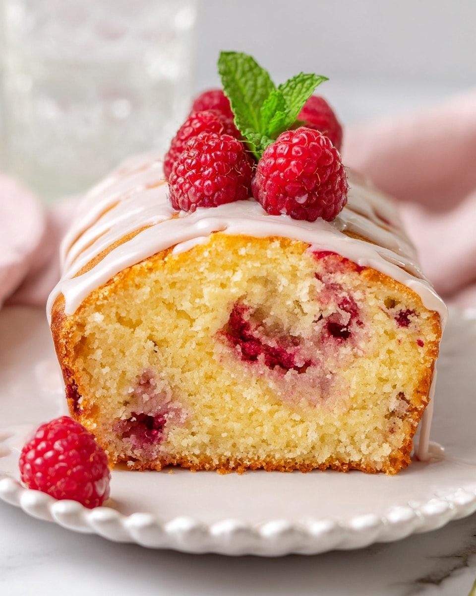 A slice of moist yellow cake with a soft crumb texture, studded with bright red raspberries inside, sits on a white scalloped plate. The top of the cake is covered with a thin, glossy white icing that drips slightly down the sides, and three fresh raspberries with a small green mint leaf rest on top as a garnish. The background is a clean white marbled texture, and there is a blurred element of a clear glass and a pale pink cloth nearby. photo taken with an iphone --ar 4:5 --v 7