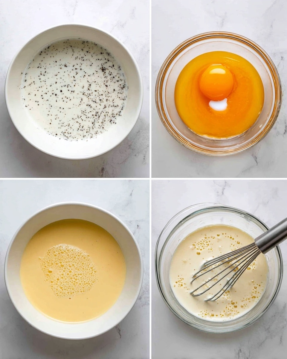 The image shows four steps of mixing ingredients in clear and white bowls on a white marbled surface. The first layer is a white bowl filled with a creamy white liquid with specks of black pepper. The second layer is a clear bowl holding a bright orange egg yolk with a small white spot on top. In the third layer, the egg mixture is whisked smoothly in the clear bowl, turning pale yellow with bubbles on the surface, and a metal whisk is inside the bowl. The fourth layer shows the white creamy mixture being poured from the white bowl into the clear bowl with the whisked eggs, blending the two liquids together. Photo taken with an iphone --ar 4:5 --v 7