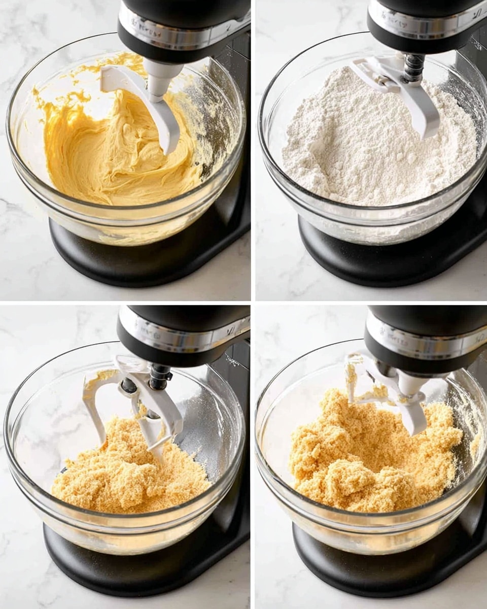 The image shows four steps of mixing dough in a clear glass mixing bowl attached to a black stand mixer on a white marbled surface. In the first step (1), a pale yellow creamy mixture is being beaten with the white paddle attachment. The second step (2) shows the mixture becoming a darker yellow, thicker in texture, as the paddle mixes it. The third step (3) captures white flour added on top of the yellow mixture, ready to be mixed. In the final step (4), the mixture has turned into a light tan crumbly dough, with the paddle attachment breaking it up, all inside the clear glass bowl. Photo taken with an iphone --ar 4:5 --v 7
