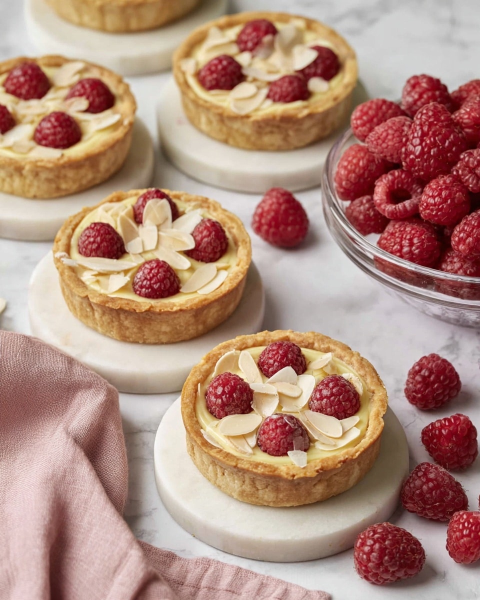 A small round tart with a golden brown crust forms the bottom and sides, filled with a light yellow almond cake layer studded with three visible red raspberries near the center, each surrounded by a slightly textured almond batter. Lightly toasted slivered almonds are scattered on top, adding texture and pale cream color. The tart sits on two stacked white marble round plates against a white marbled surface, with a few slivered almonds scattered nearby. Photo taken with an iphone --ar 4:5 --v 7
