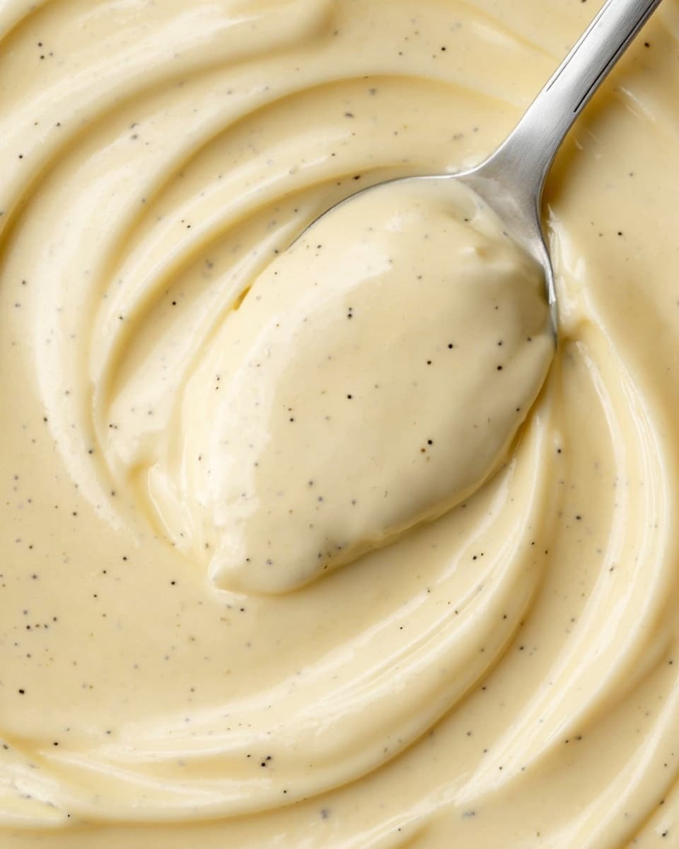 The image shows a close-up of a creamy, pale yellow vanilla pudding with small black vanilla bean specks evenly spread throughout. A silver spoon is partially dipped in the smooth pudding, lifting a soft, thick scoop. The pudding surface has gentle swirls and waves, giving a light texture to the creamy base. The photo has a clean, soft light that highlights the smoothness of the pudding. The surface below the pudding is a white marbled texture. photo taken with an iphone --ar 4:5 --v 7
